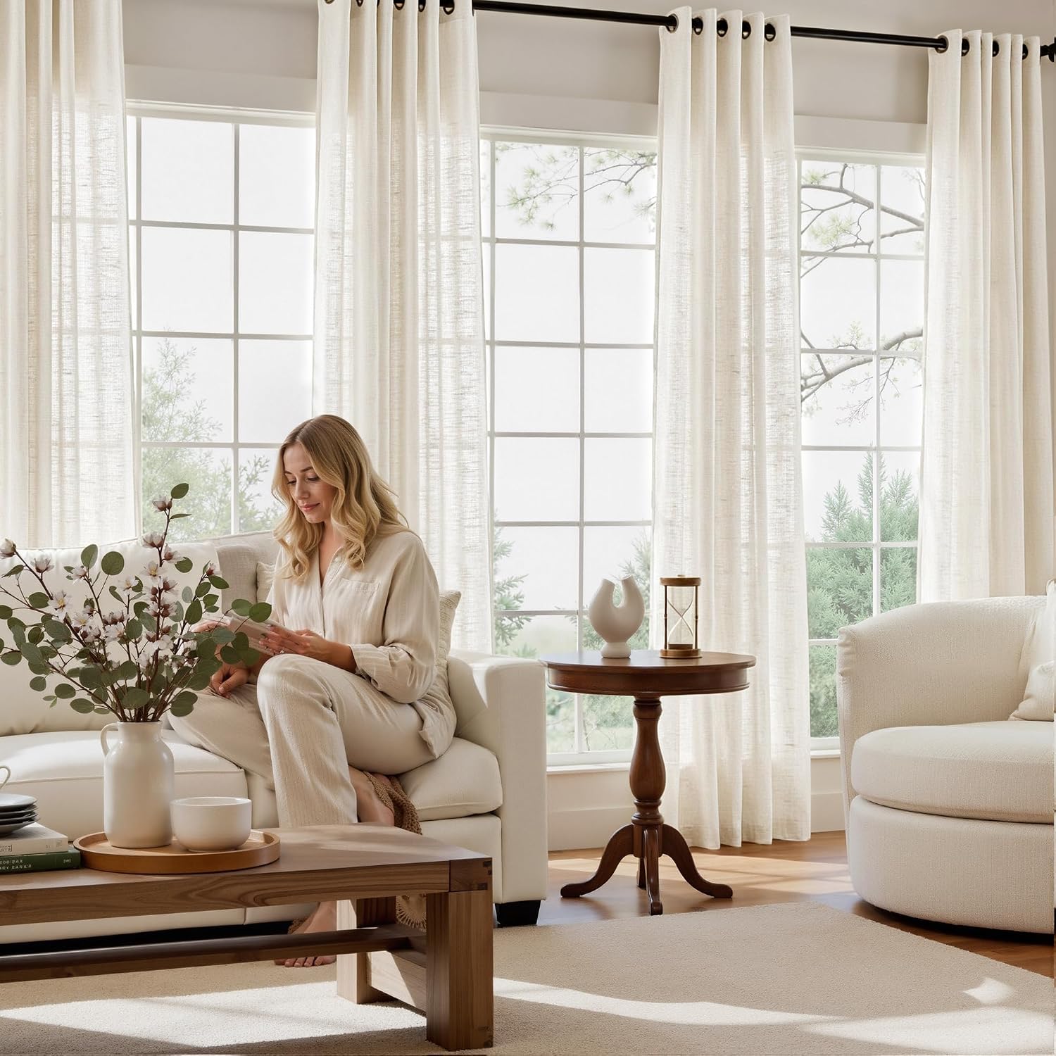NICETOWN Linen Curtains White Semi Sheer 72 inch Long for Windows, Privacy with Light Filtering Grommet Top Window Treatments for Bedroom/Living Room