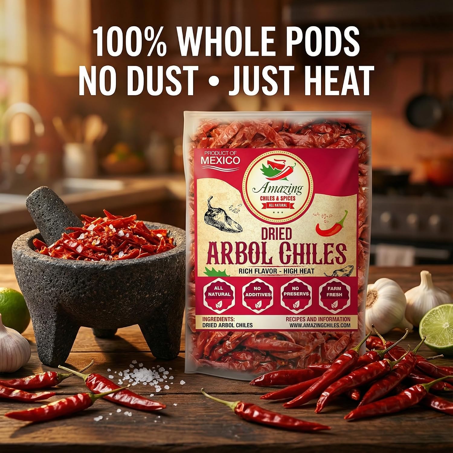 Chile De Arbol 4oz - Dried Whole Red Chili Peppers, Premium All Natural Stemless, Resealable Bag. Use in Mexican, Chinese and Thai Dishes. Spicy Hot Heat Full of Flavor
