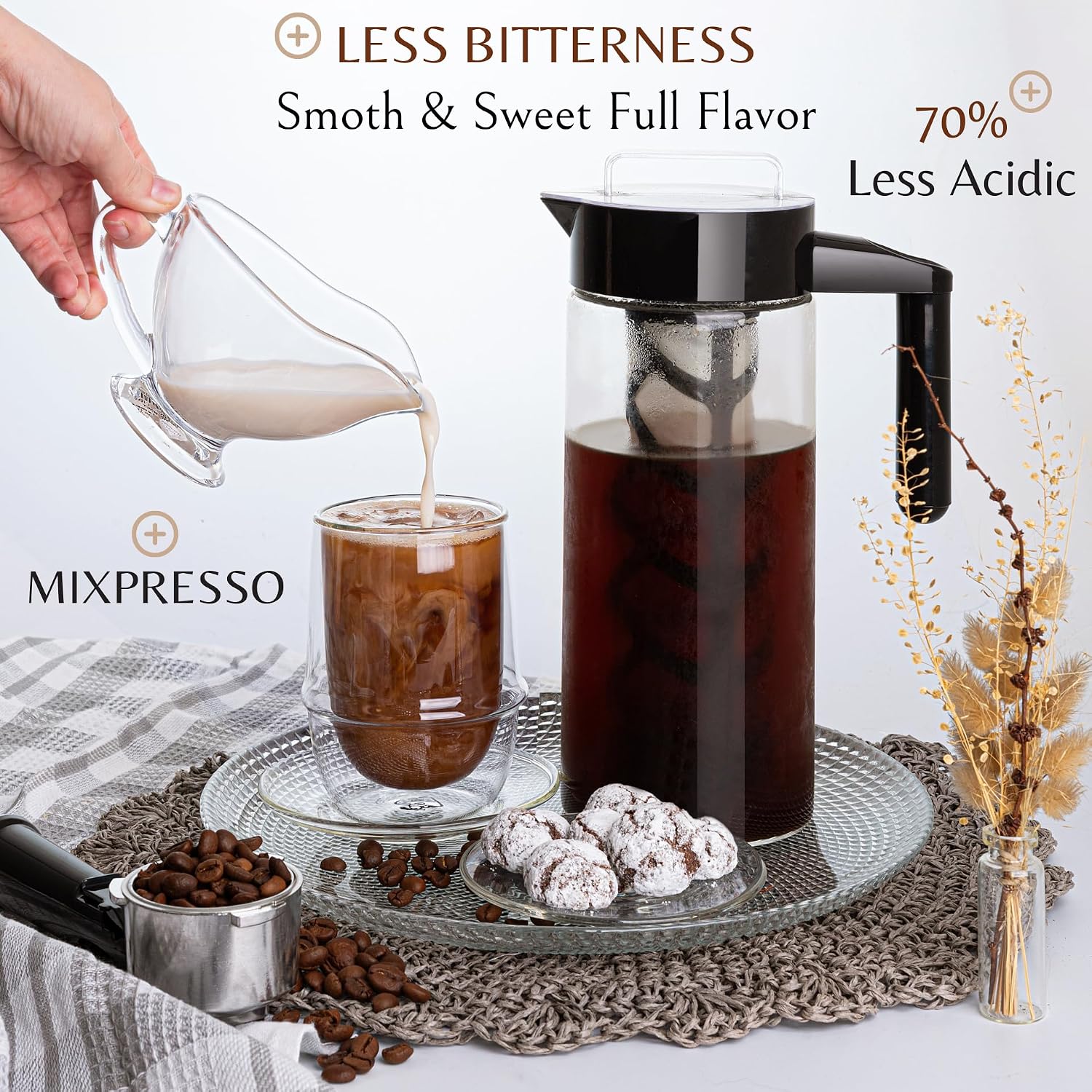 Mixpresso Cold Brew Coffee Maker, 44 Oz Glass Cold Brew Pitcher with Filter | Iced Coffee & Tea Maker with Reusable Mesh Filter