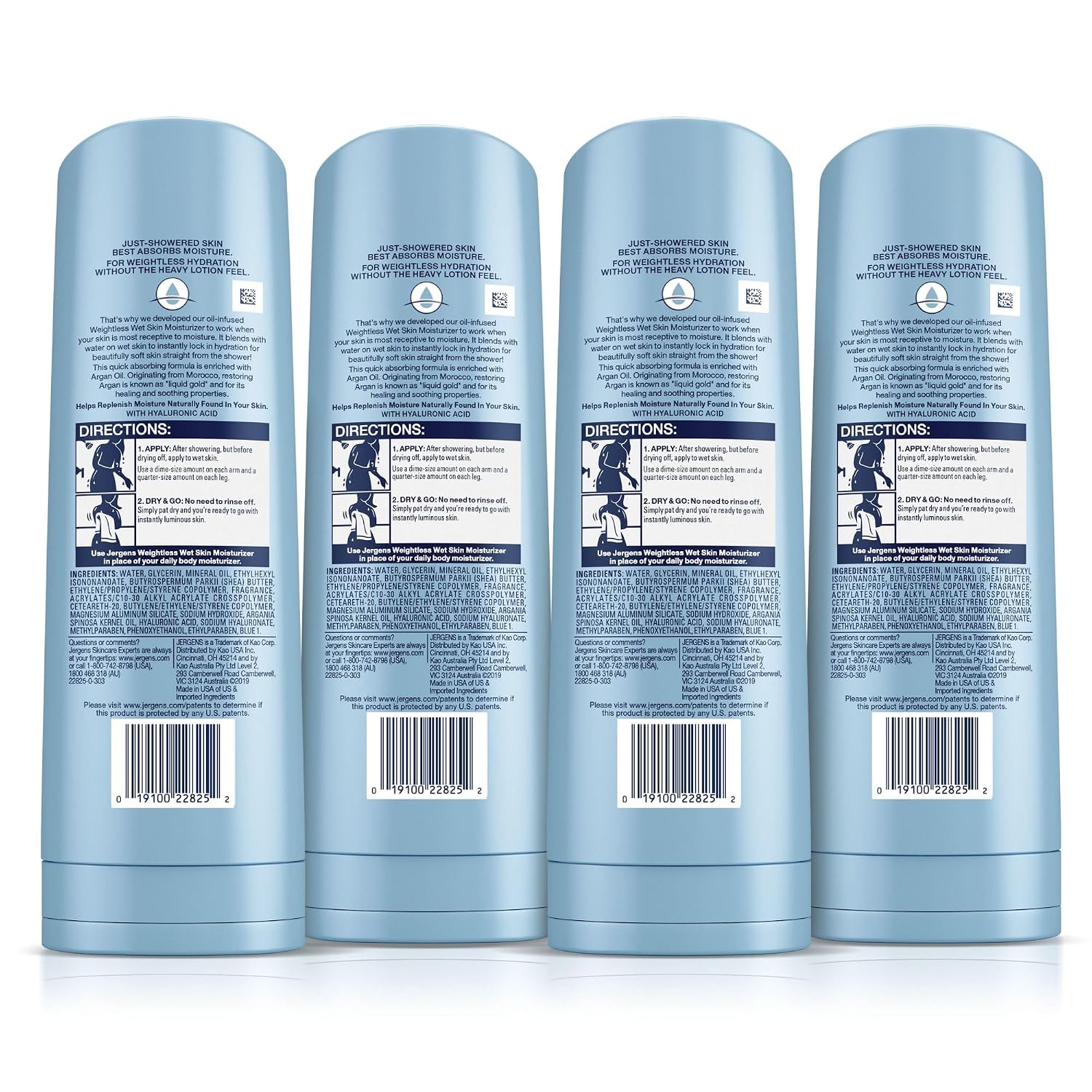 Jergens In Shower Lotion For Dry Skin, Wet Skin Moisturizer, 10 oz, 4 Pack | Argan Oil, Hyaluronic Acid, Fast Absorption, Non-Sticky Formula, Dermatologist Tested