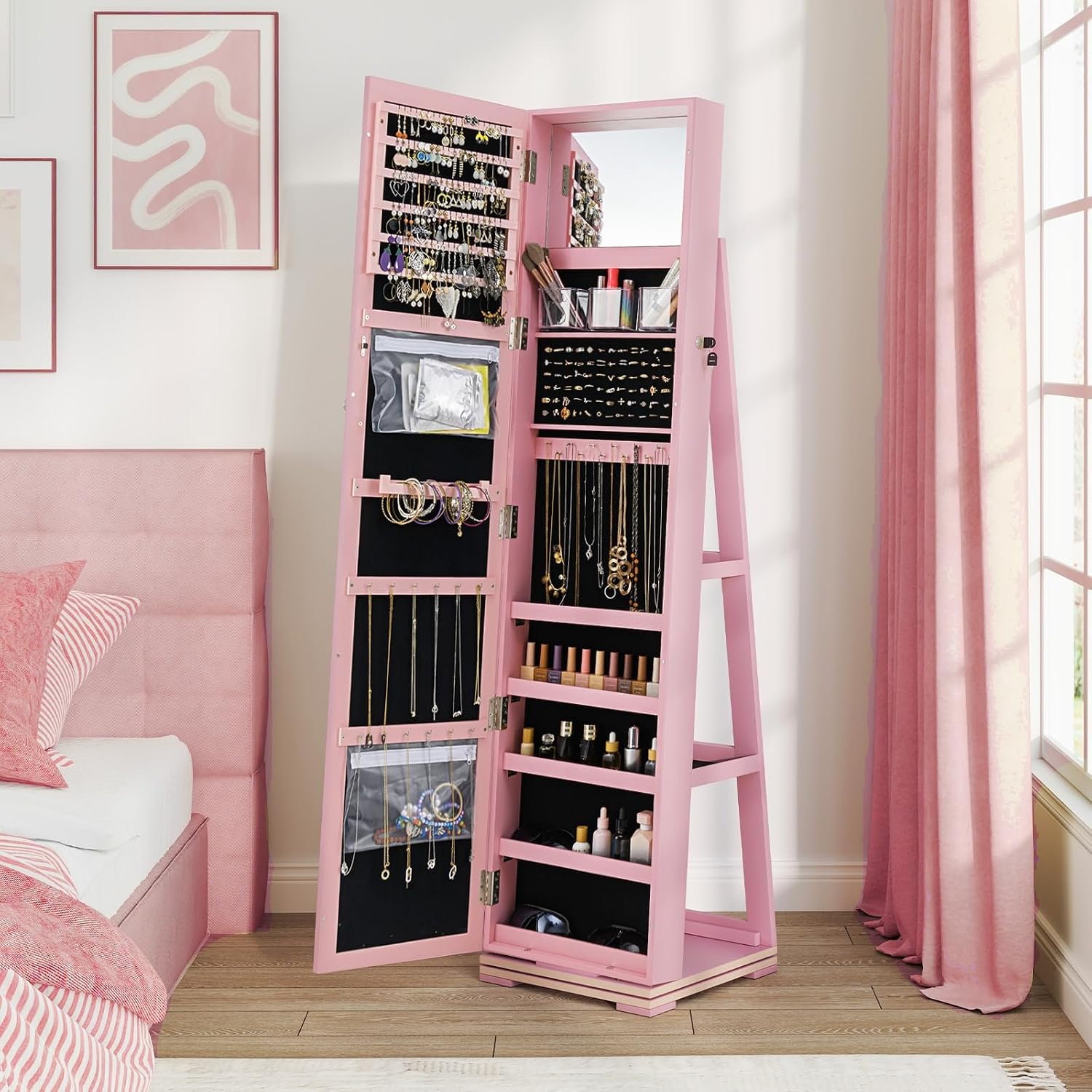 CHARMAID 360° Swivel Jewelry Armoire with Higher Full Length Mirror, Standing Lockable Jewelry Cabinet Organizer with Large Storage Capacity