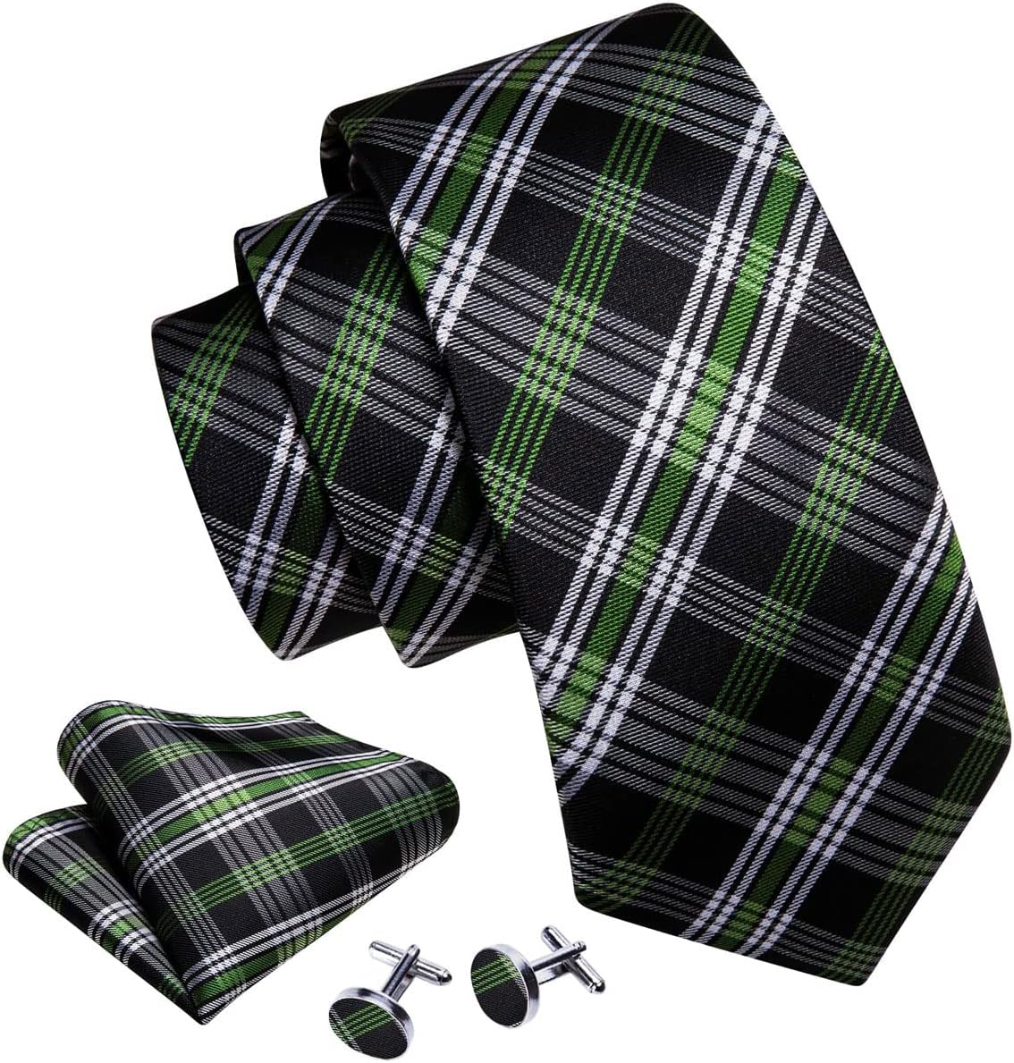 Barry.Wang Plaid Ties for Men Silk Necktie Handkerchief Cuff Links Set