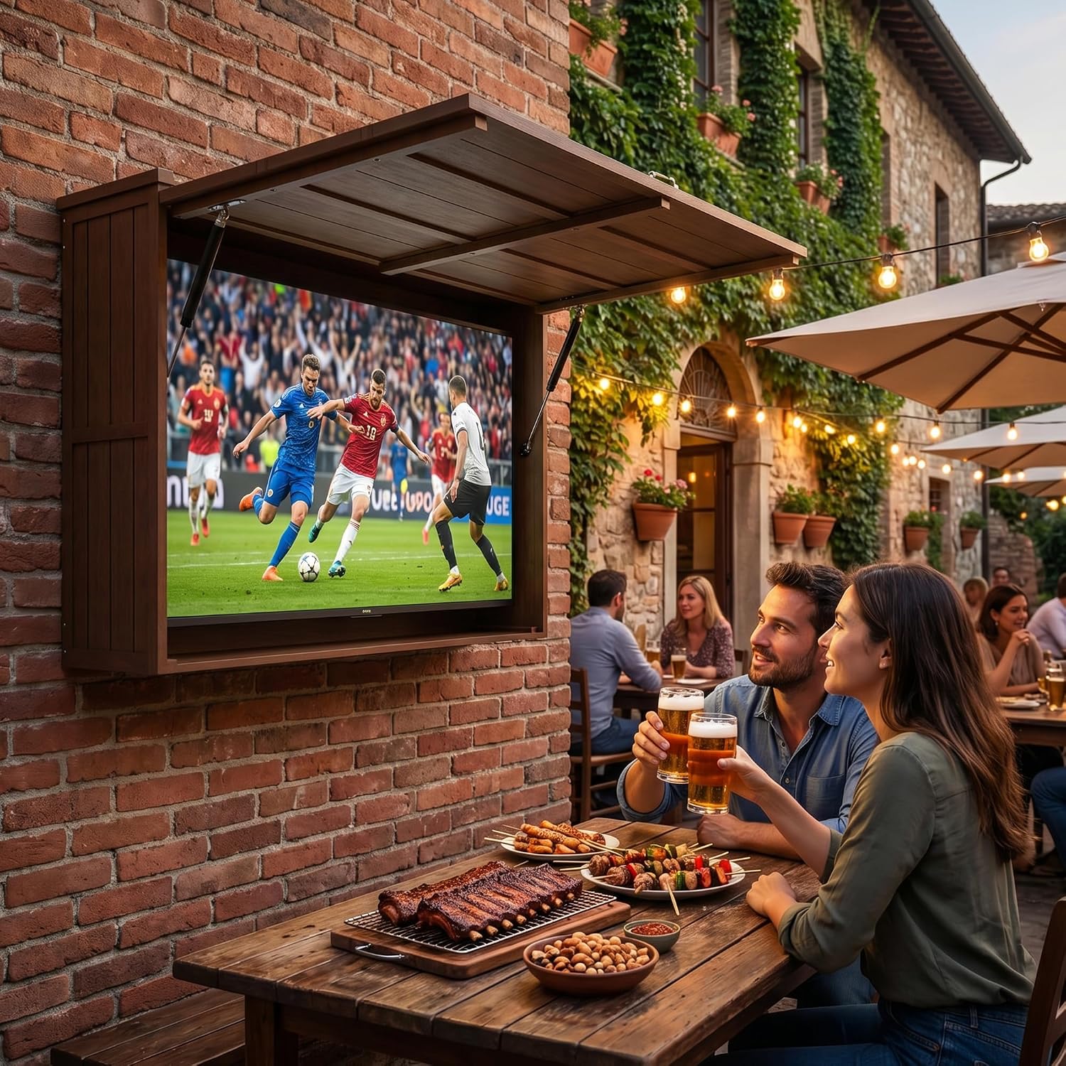 Outdoor TV Enclosure, Fit for 32-55 Inch TV, Solid Wood Wall-Mounted TV Cabinet with Dual-Arm Steel Bracket, Includes 600D TV Cover (Walnut Color)