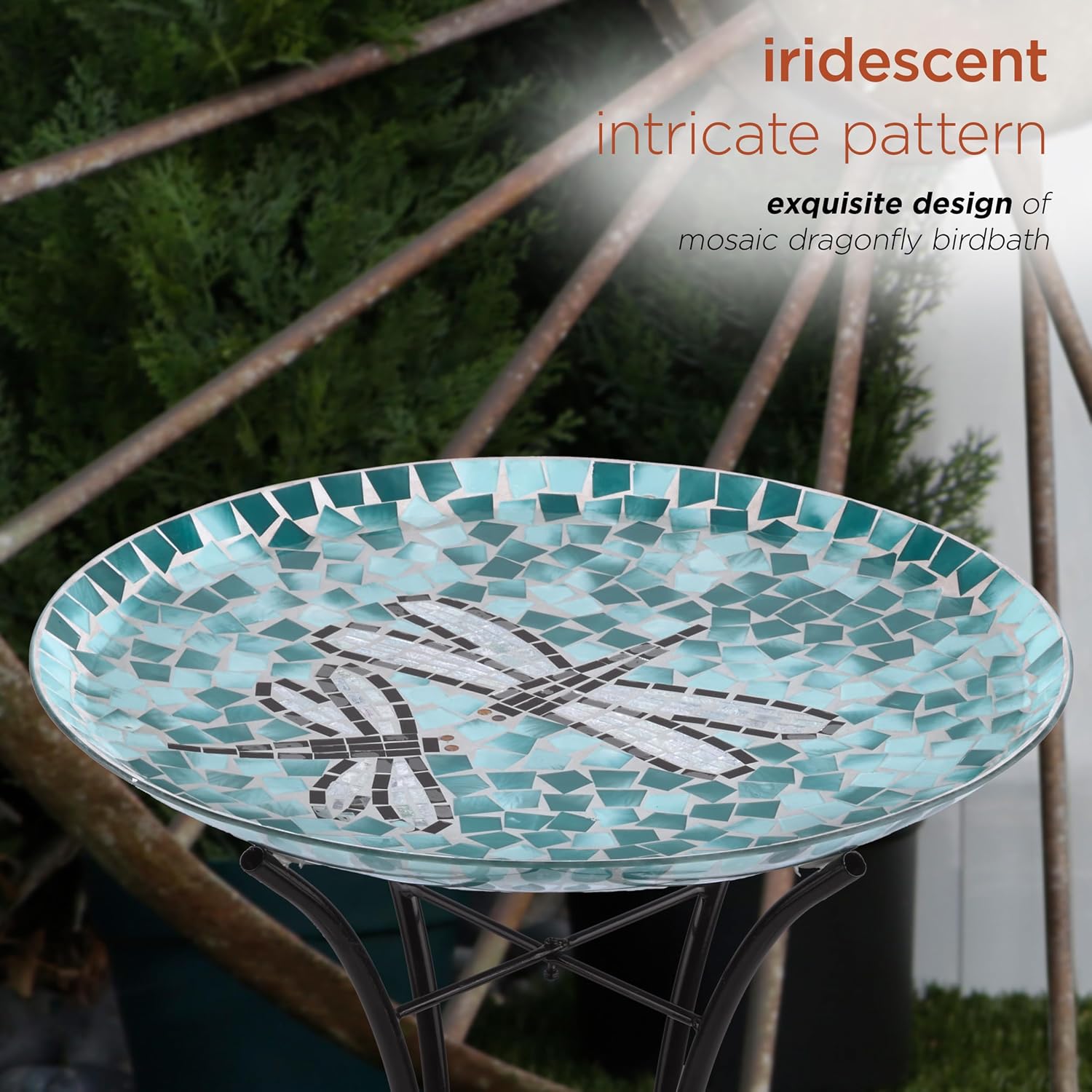 Alpine Corporation 24" Tall Outdoor Floral Mosaic Glass Birdbath with Metal Stand and Detachable 18 Inch Diameter Bowl, Garden Decor