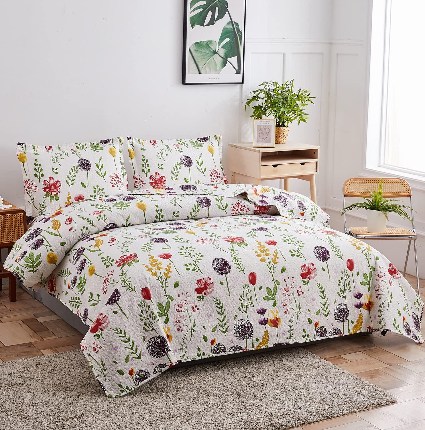 Ycosy Floral Quilt Set Full/Queen Size Reversible Flower Bedspread Queen Summer Lightweight Quilt Bedding Purple Floral Quilts Green Leaves Coverlet