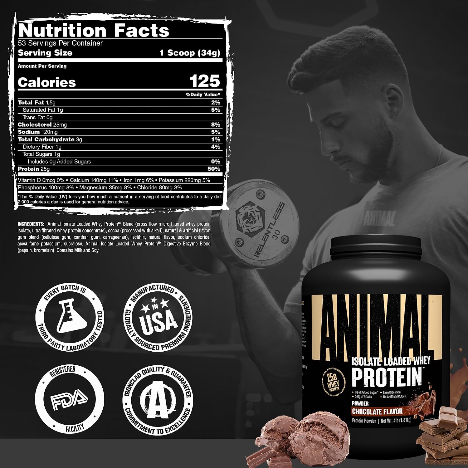 Animal Whey Isolate Protein Powder - Loaded for Pre & Post Workout Muscle Builder and Recovery with Digestive Enzymes for Men & Women - 25g Protein, Great Taste, Low Sugar - Chocolate 2 lbs