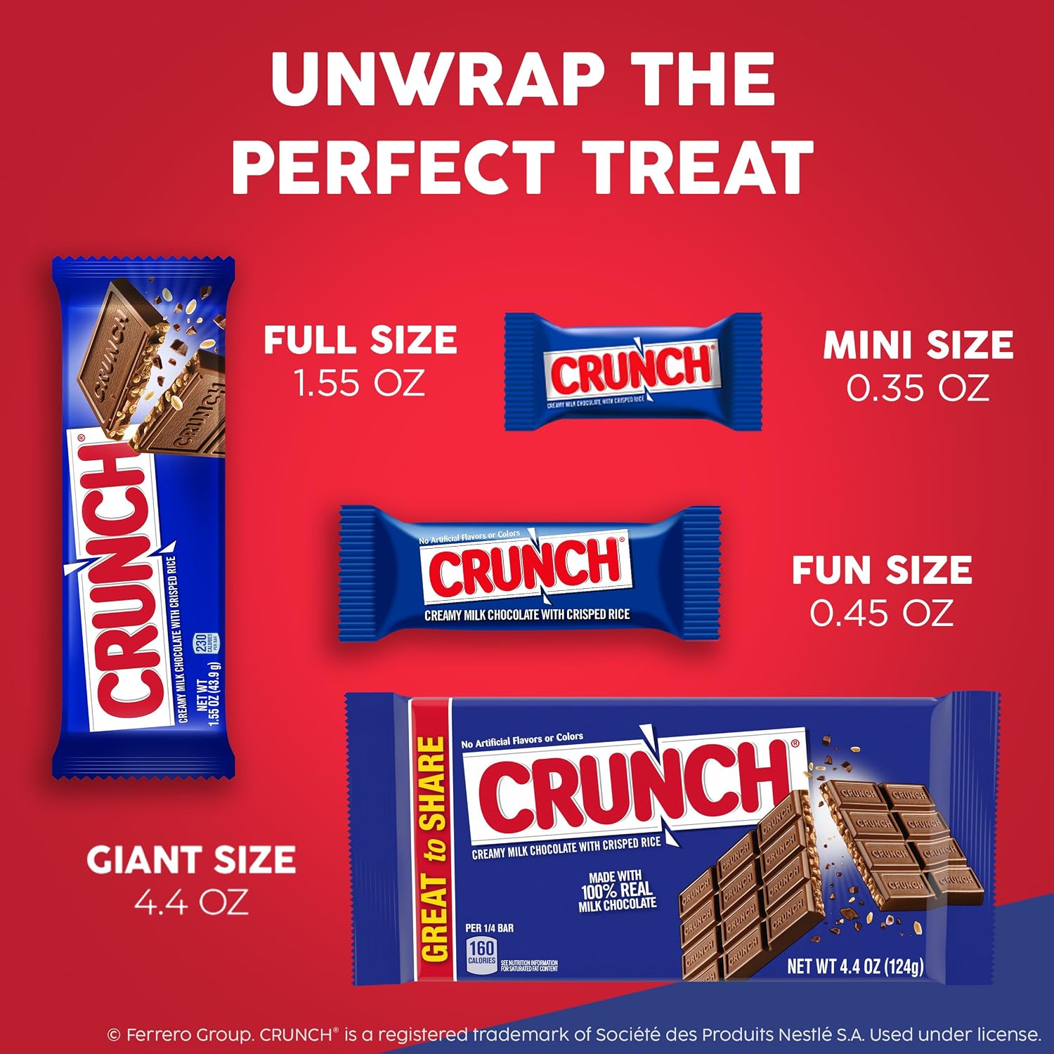 CRUNCH Full-Size Candy Bar, Creamy Milk Chocolate with Crunchy Crisped Rice, 36 Individually Wrapped Bars, 1.55 oz Each