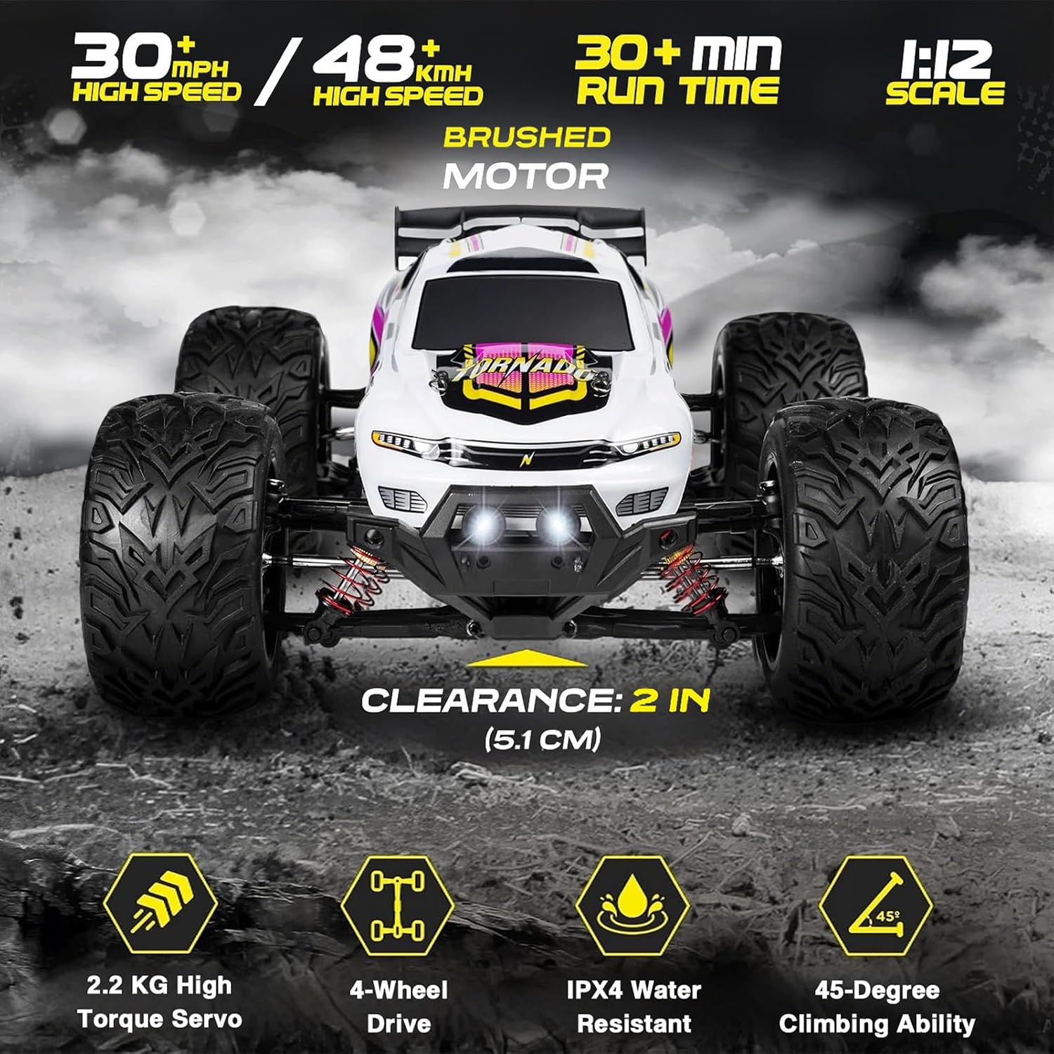 4x4 RC Cars for Adults 48kmh High-Speed - 1:12 Scale Large Waterproof Remote Control Truck, Offroad Electric Monster Car, 2 Batteries 30+ Min Play