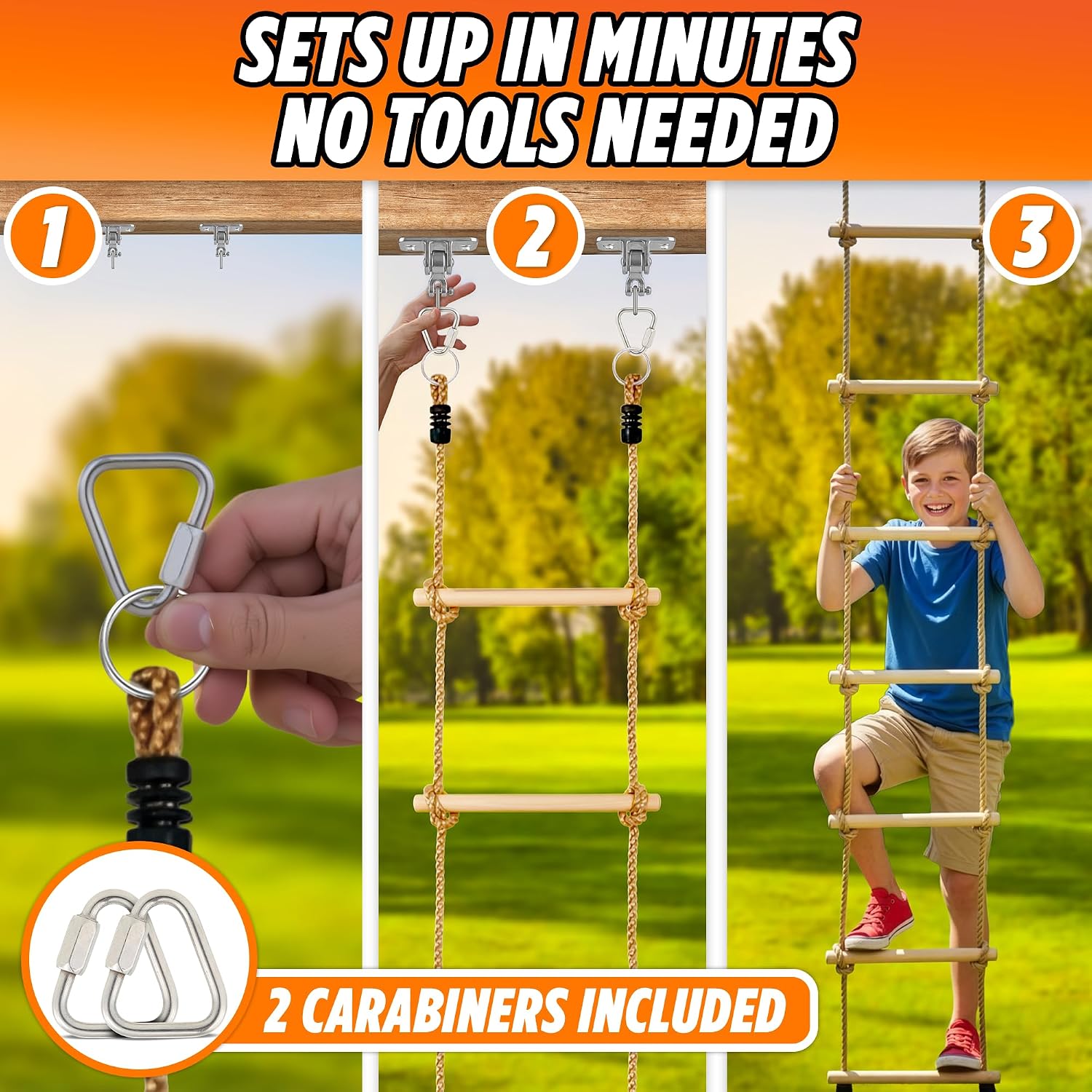 Wooden Rope Ladder for Kids - 6ft Tree Climbing Ladder with Carabiners