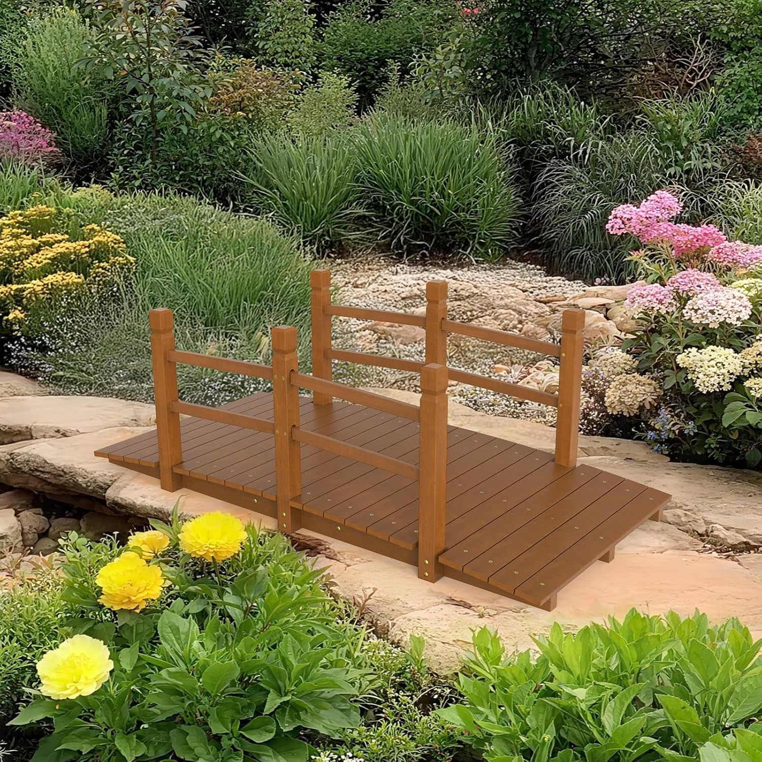 VINGLI 5 ft Garden Bridge, Classic Wooden Arch with Safety Rails Stained Finished Footbridge, Decorative Pond Landscaping, Backyard, Creek or Farm