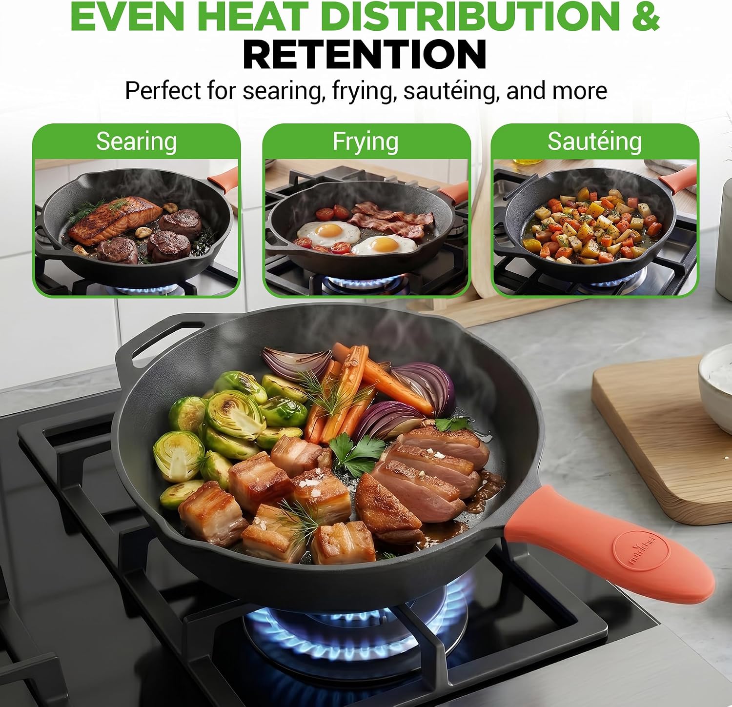 NutriChef 10 Inch Cast Iron Skillet with Lid - Pre-Seasoned Small Fry Pan with Side Drip Spout and Silicone Handle