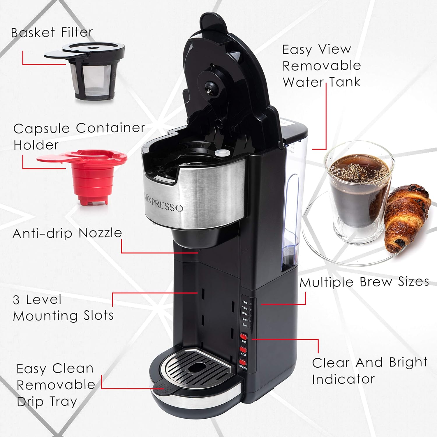 Mixpresso Black Single Serve Coffee Brewer K-Cup Pods Compatible & Ground, 30 oz Compact Coffee Maker Single Serve With 5 Brew Sizes Up To 14 Oz