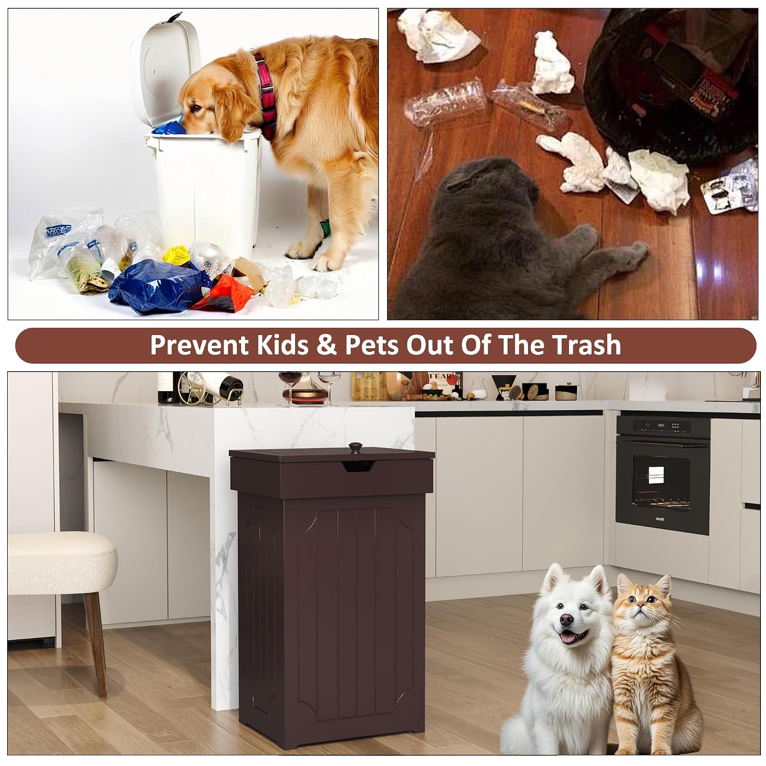 Function Home Trash Can Cabinet, 13 Gallon Kitchen Garbage Can, Wood Recycling Trash Bin, Freestanding Dog Proof Trash Can, Farmhouse Trash Cabinet with Lid for Home Kitchen Bathroom, Yellow
