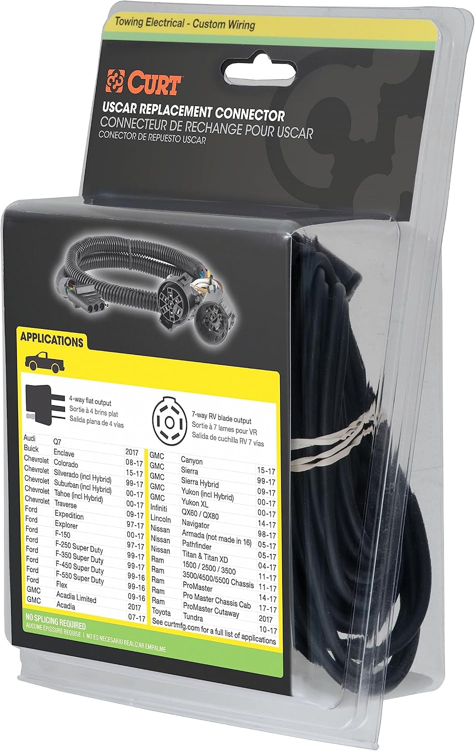 CURT 55384 Replacement Vehicle-Side USCAR 4-Way Flat Trailer Wiring Harness, T-Connector for Vehicles with OEM USCAR Plug, No Splice, Dust Cover