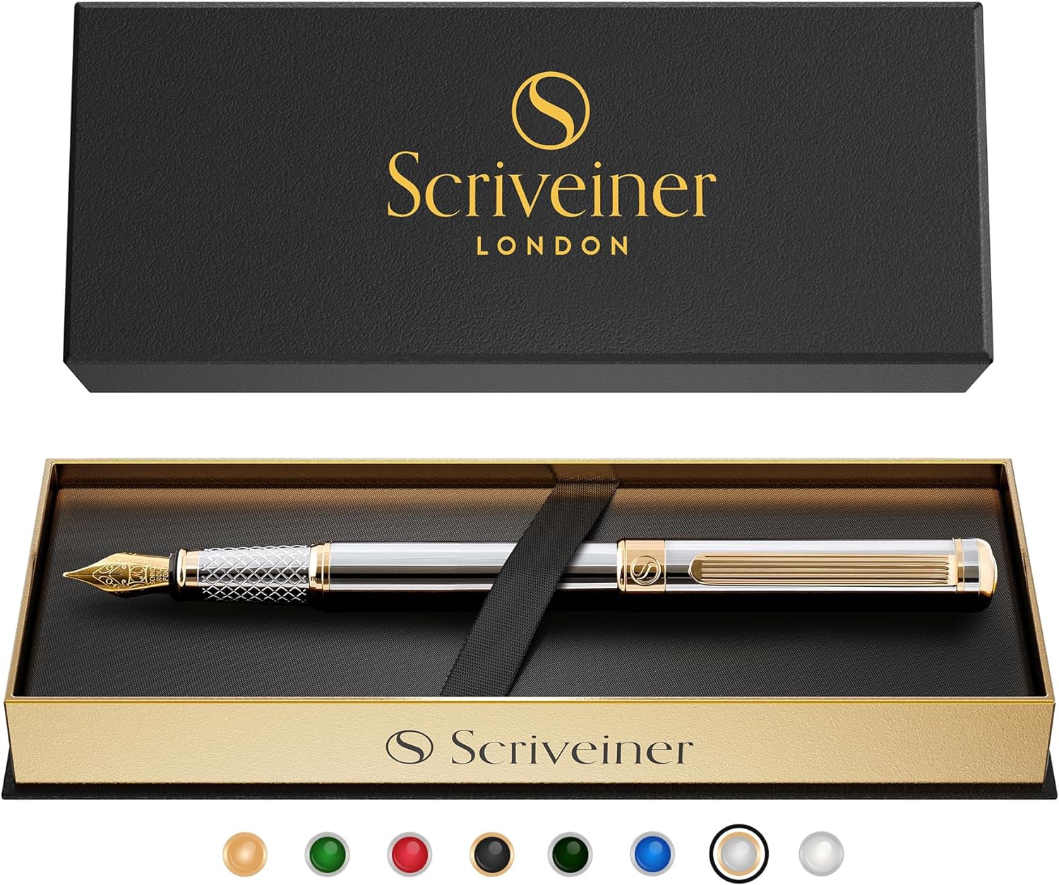 Scriveiner Silver Chrome Fountain Pen - Stunning Luxury Pen, Real Gold Finish Schmidt Gilded Nib (Medium), Best Pen Gift Set for Men & Women