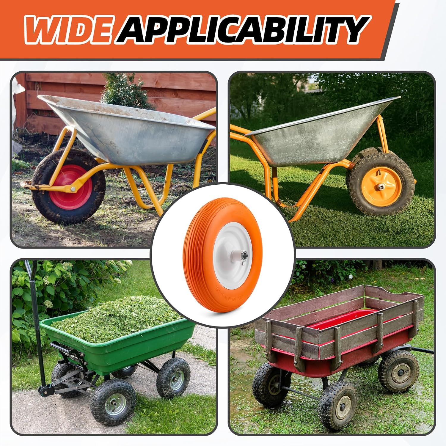 UniversalY Fit, Flat Free Wheelbarrow Tire - Fits all 5/8" OR 3/4" HUB - 5 Year Warranty