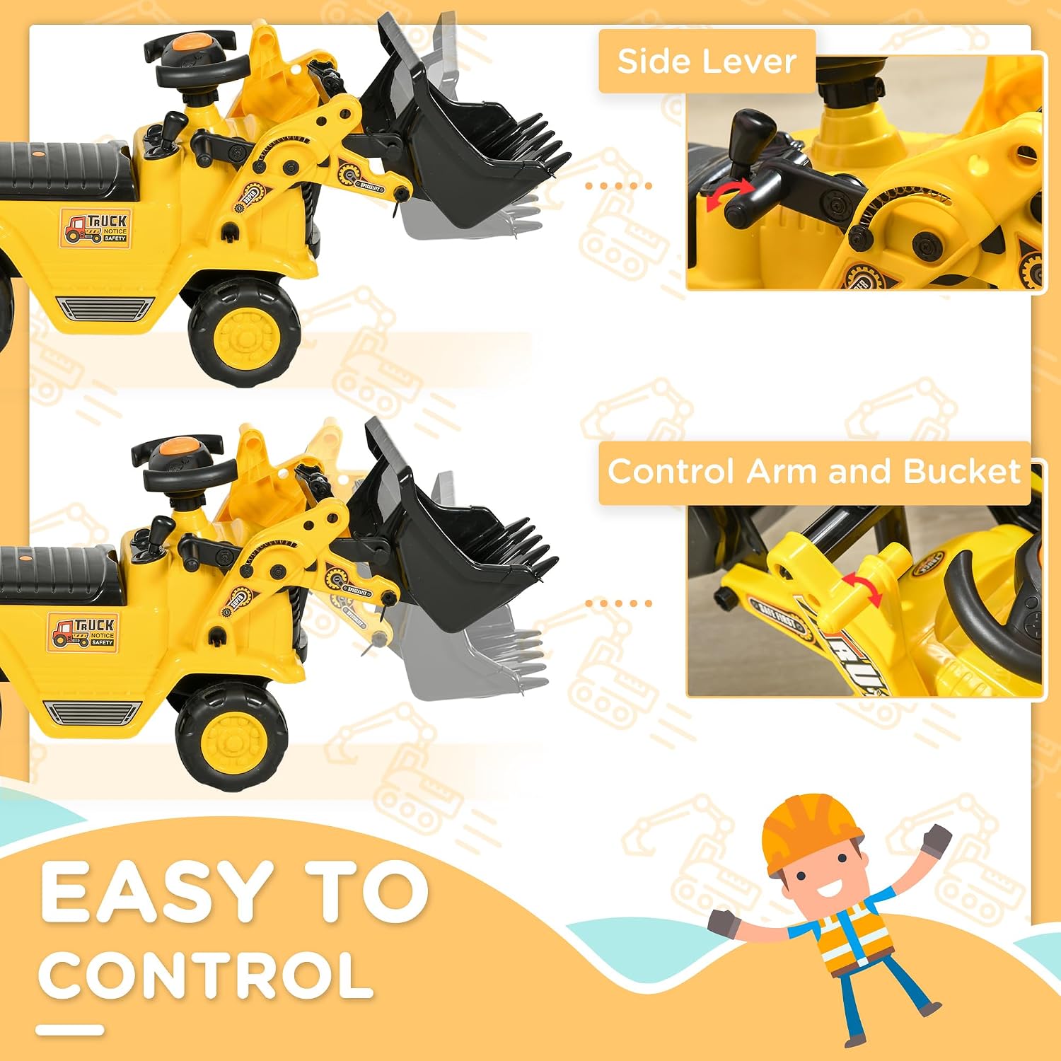 HOMCOM Ride On Excavator Ride On Bulldozer with Horn, Under Seat Storage