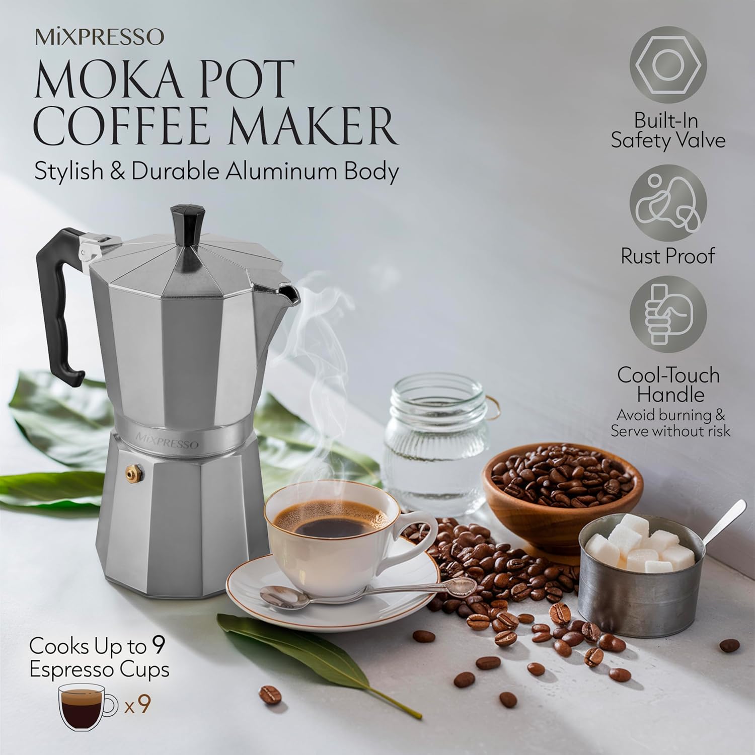 Mixpresso 3 Cup Moka Pot Stovetop Espresso Maker, Italian Cuban Coffee Pot