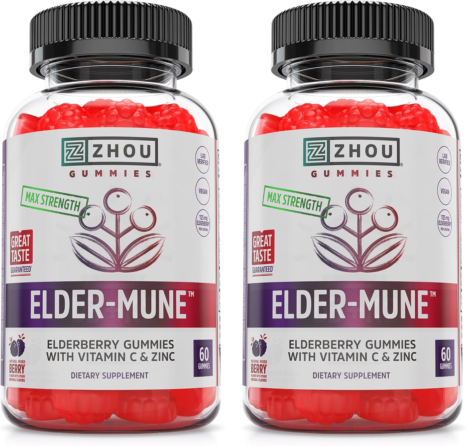 ZHOU Nutrition Elder-Mune Sambucus Elderberry Gummies with Zinc and Vitamin C for Kids & Adults (Age 4+) Immune Support with Antioxidants, Vegan, Gluten Free, Non-GMO, 30 Servings, 60 Gummies | Daily Immune Support Supplement for Women & Men, Chewable Na…