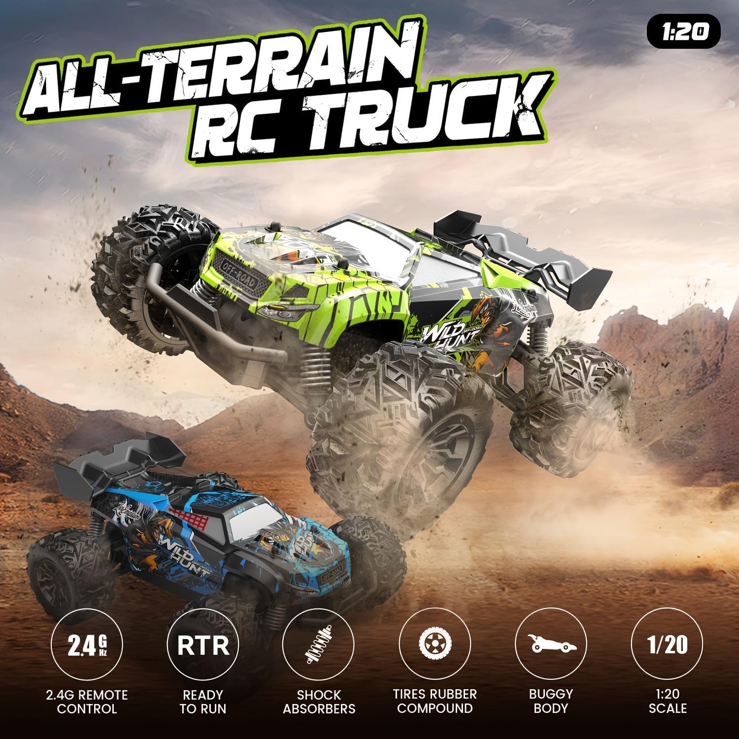 1/18 Scale High Speed RC Cars, 30KM/H 4WD Off-Road Remote Control Trucks for Adults and Kids Boys, All Terrain Truck Toys Gifts