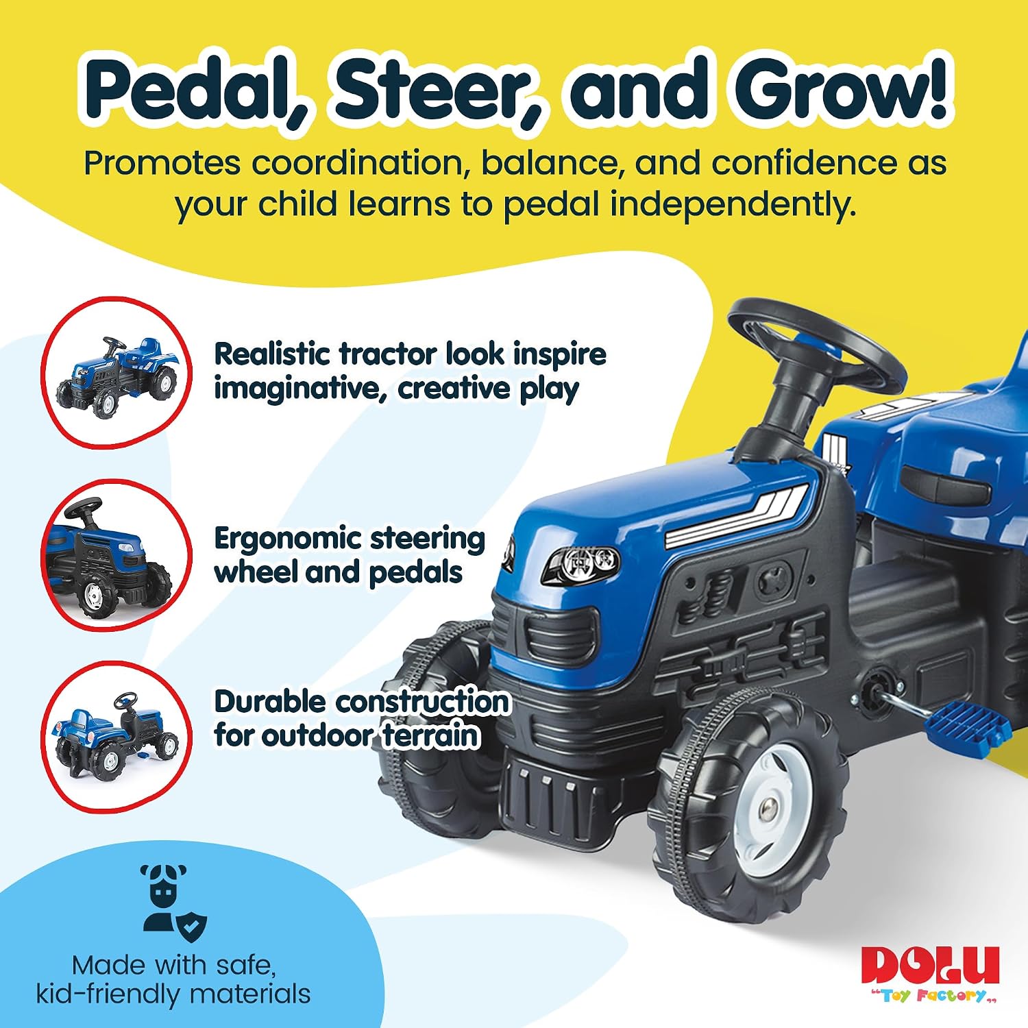 DOLU Ranchero Pedal Operated Ride On Tractor for Kids, Indoor Outdoor Toy Vehicle with Fun Horn and Sturdy Build for for Ages 3 Years and Older, Blue