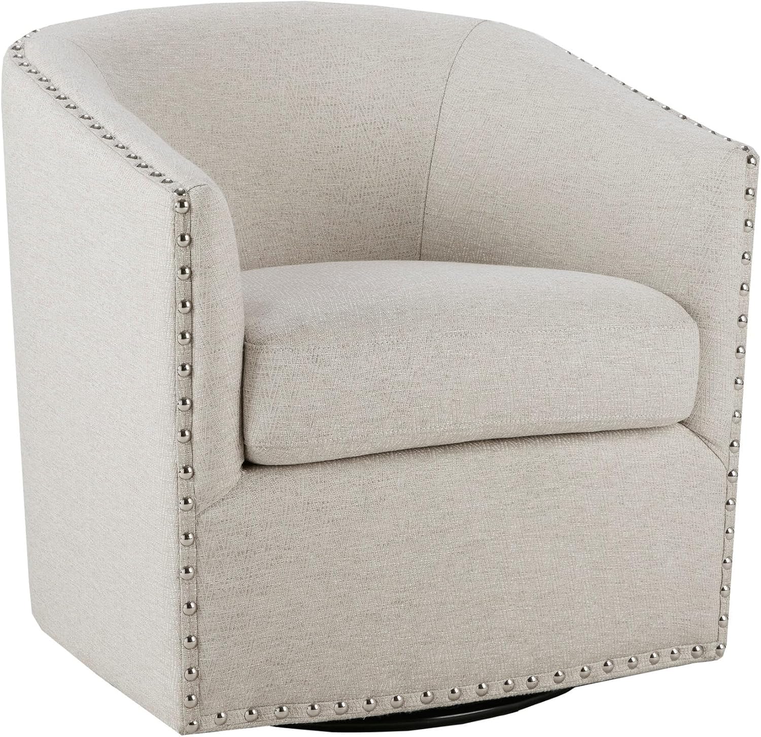 Madison Park Swivel Barrel Accent Chair, Upholstered Curved Back with 7-Inch Thick Woven Cushion, 360° Swivel, Nailhead Trim, Comfy Chair for Living Room, Bedroom, Office, 28" Wide, Neutral, Tyler