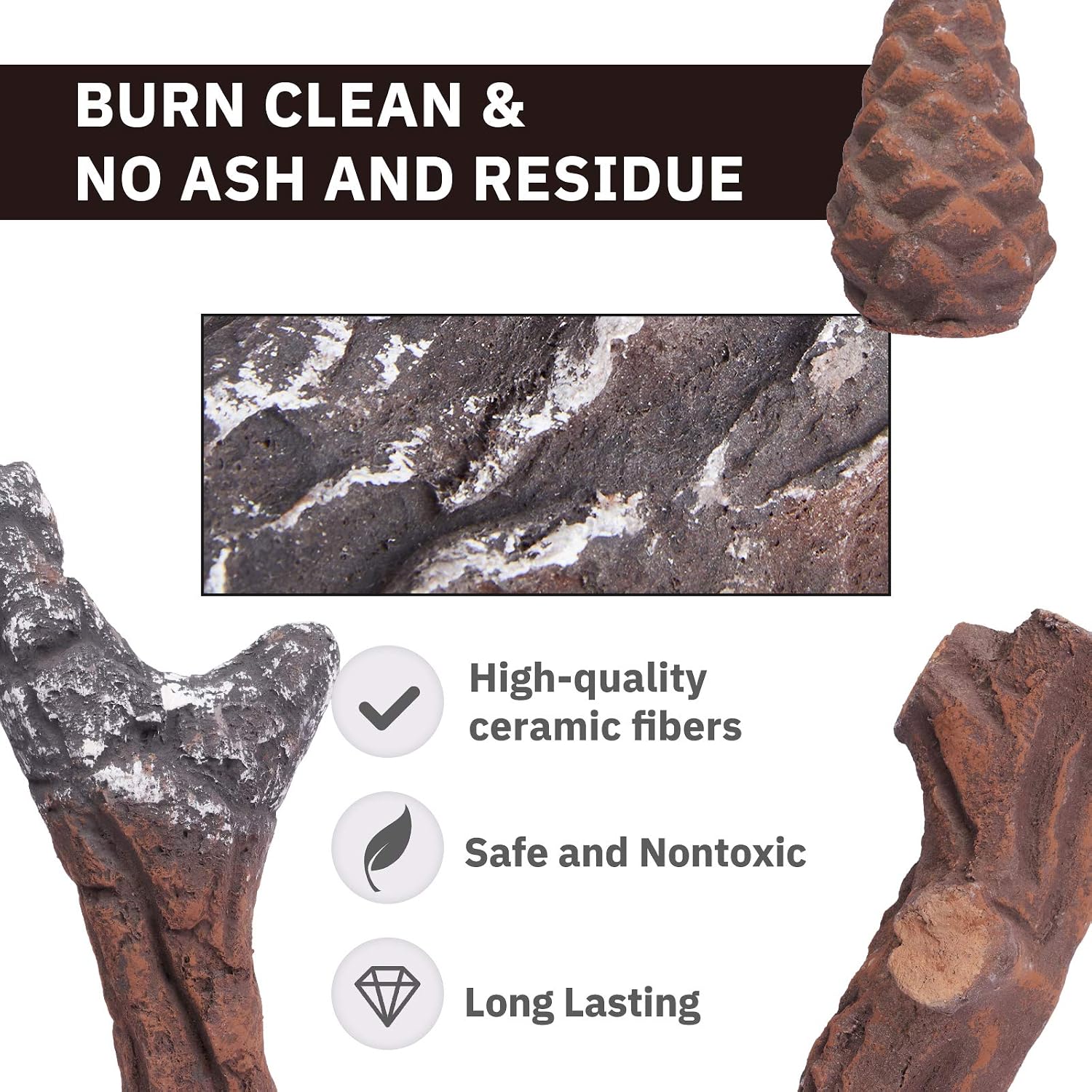 GASPRO Ceramic Logs for Gas Fireplace, 10-Piece Vented Faux Logs for Indoor Natural Gas Fireplace, Large Size