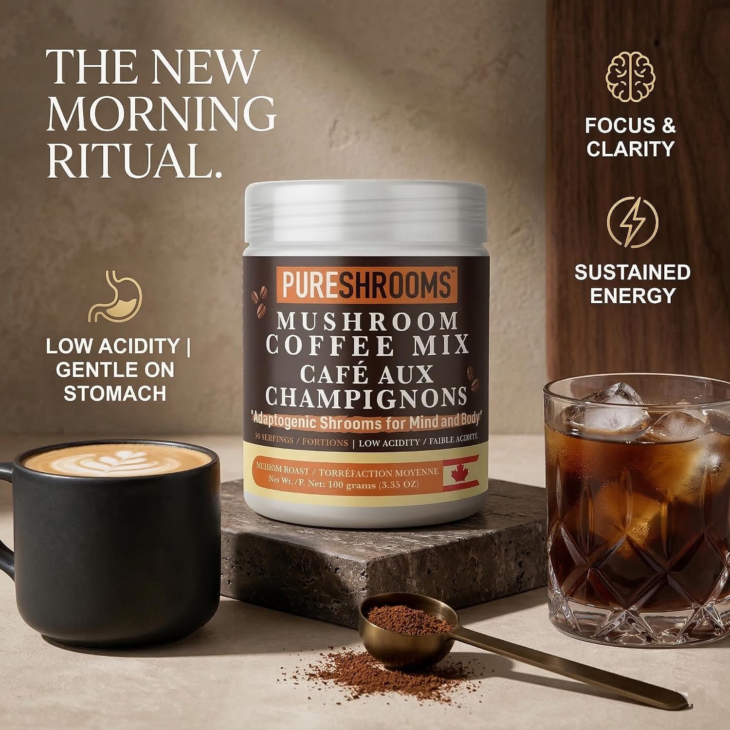 PureShrooms Mind & Body Mushroom Coffee - Instant Colombian Arabica with Organic Lion’s Mane, Reishi & Cordyceps - Low Acidity Nootropic Superfood Beverage for Focus & Vitality, 35 Servings/70g