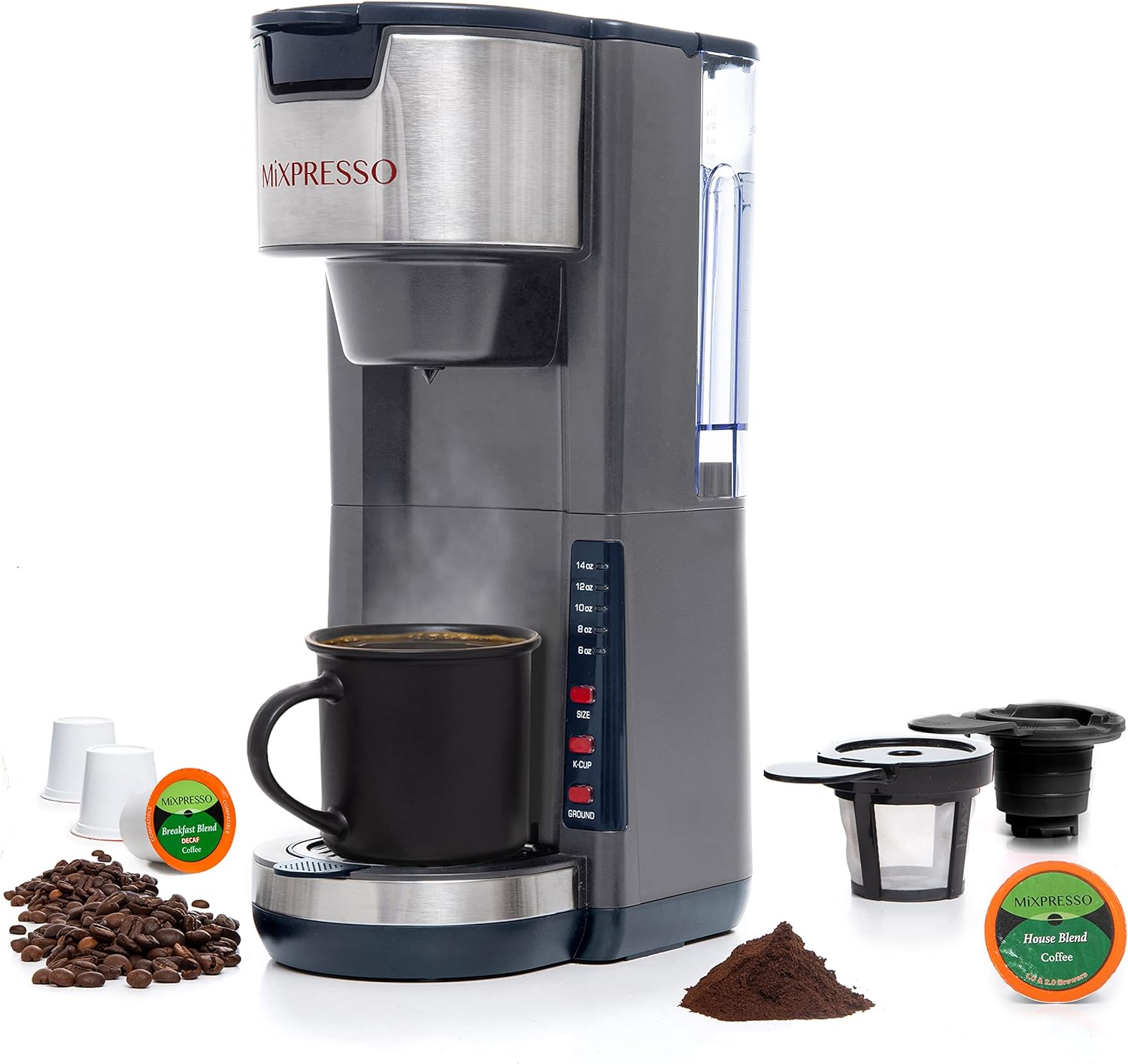 Mixpresso Black Single Serve Coffee Brewer K-Cup Pods Compatible & Ground, 30 oz Compact Coffee Maker Single Serve With 5 Brew Sizes Up To 14 Oz