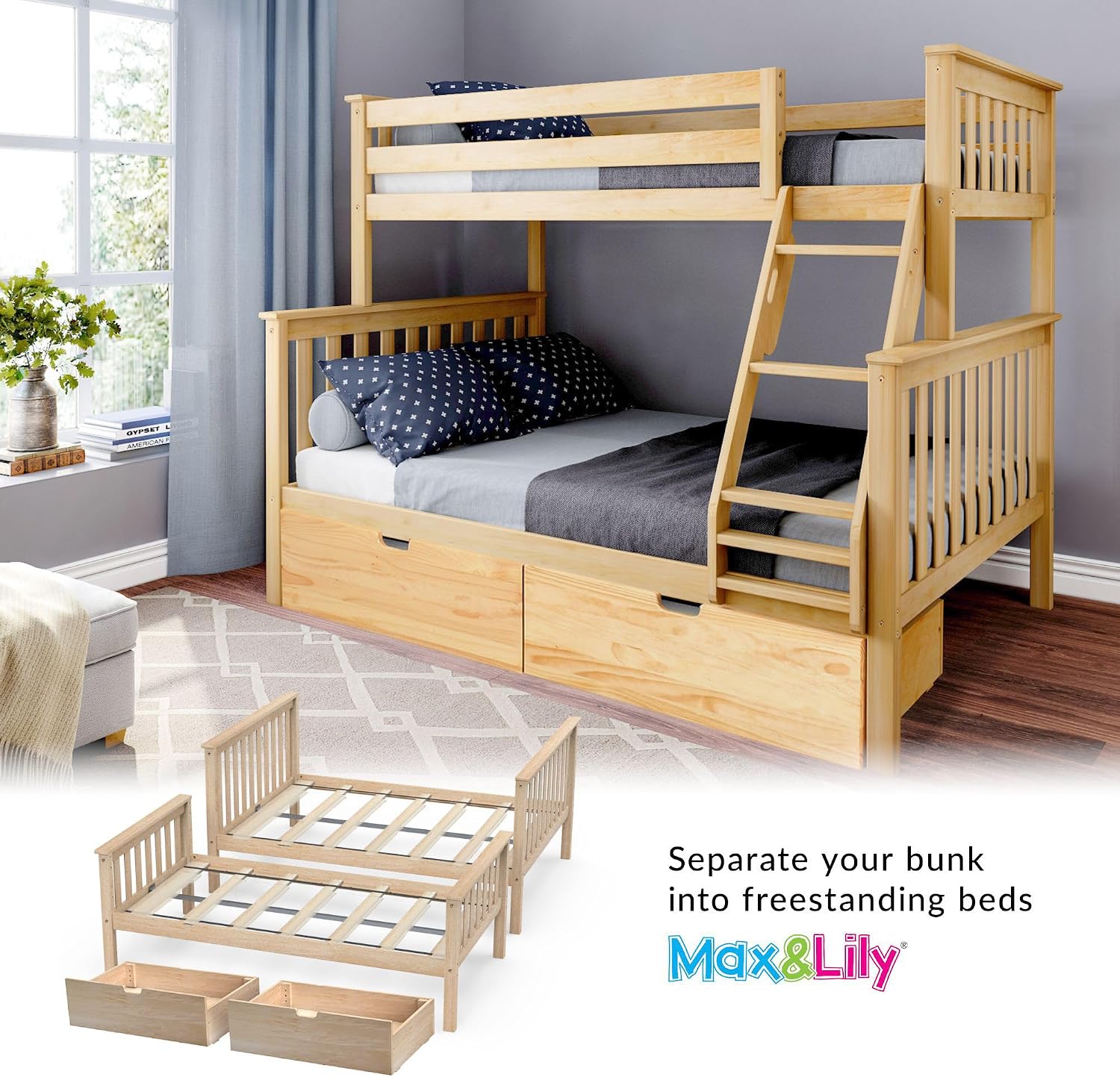 Max & Lily Bunk Bed Twin over Twin, Solid Wood Bunk Bed Frame with Ladder for Kids, 14" Safety Guardrails, Easy Assembly, No Box Spring Needed, White