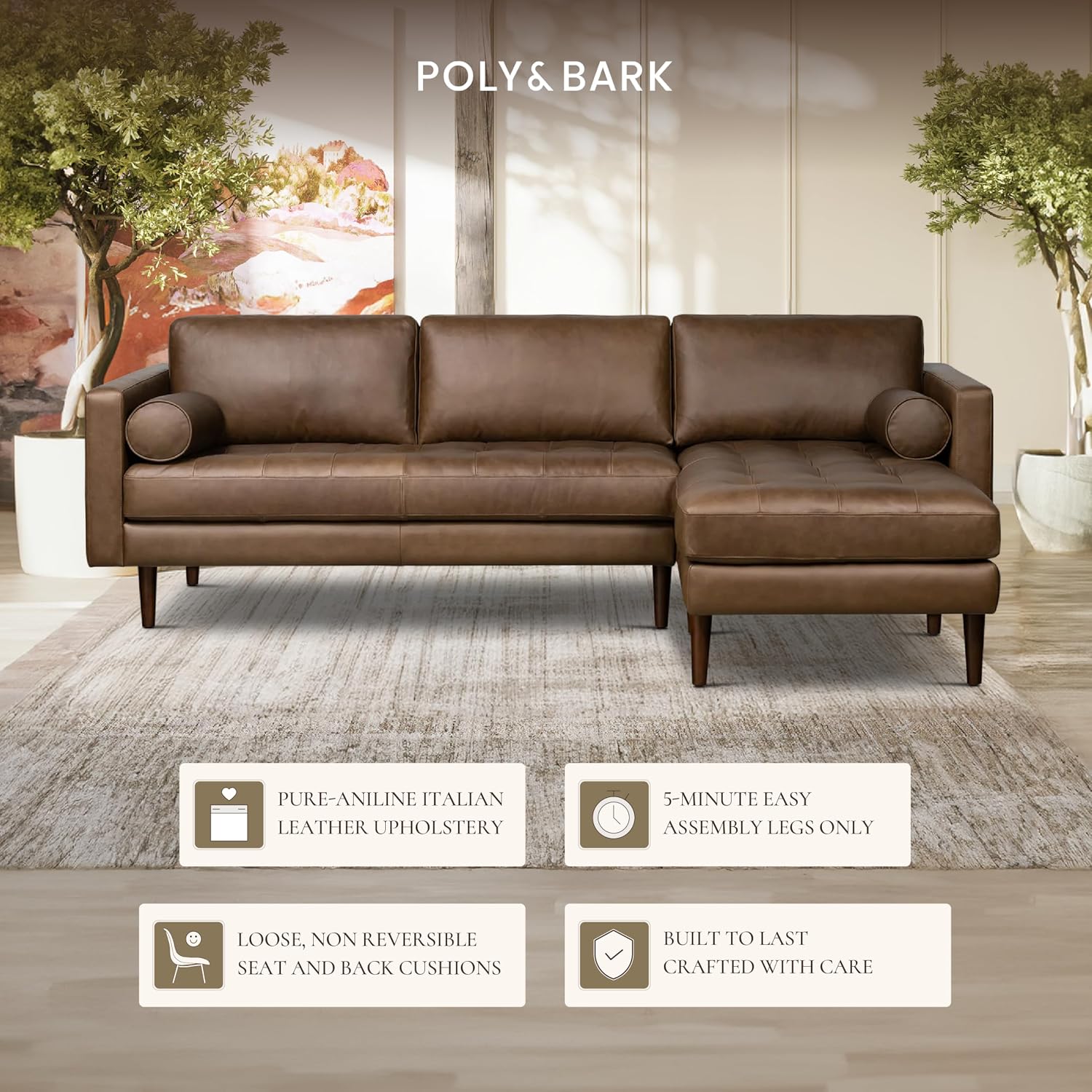 Poly & BARK 55" Tufted Leather Bed Bench for Bedroom End of Bed - Living Room Entry Way Bench - Pure Italian Leather Upholstery with a Solid Wood Frame - Ottoman Bench with Wooden Legs - Cognac Tan