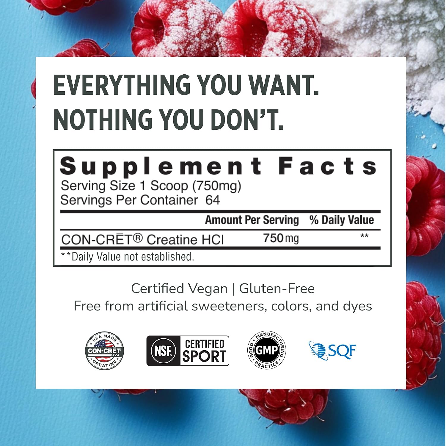 CON-CRET Creatine HCl Powder for Women and Men, Unflavored, 64 Servings | No Bloating or Water Retention, Muscle, Strength & Cognitive Support, USA Made, NSF Certified