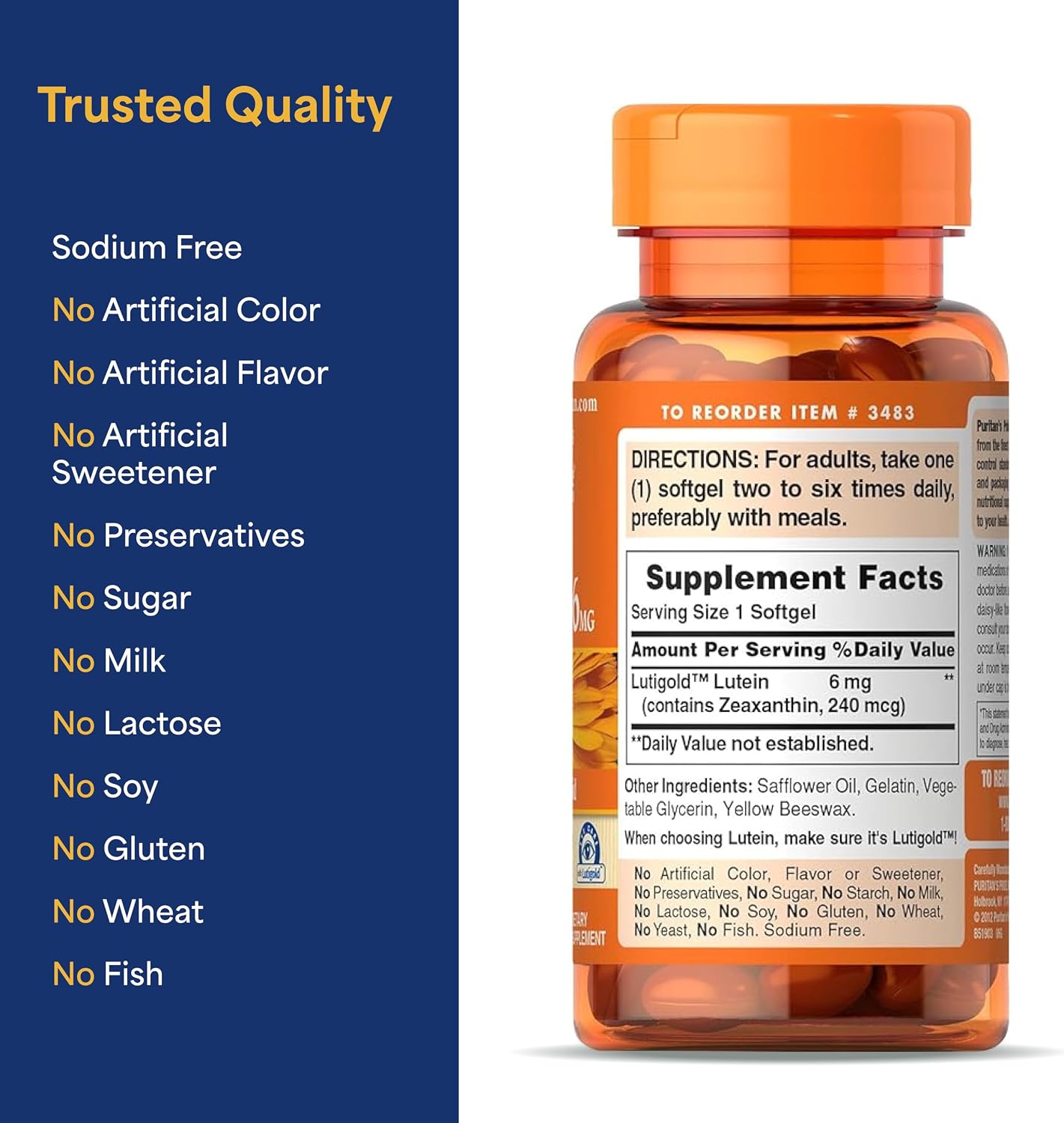 Puritan's Pride Premium Lutigold™ Lutein Carotenoid 6mg with Zeaxanthin