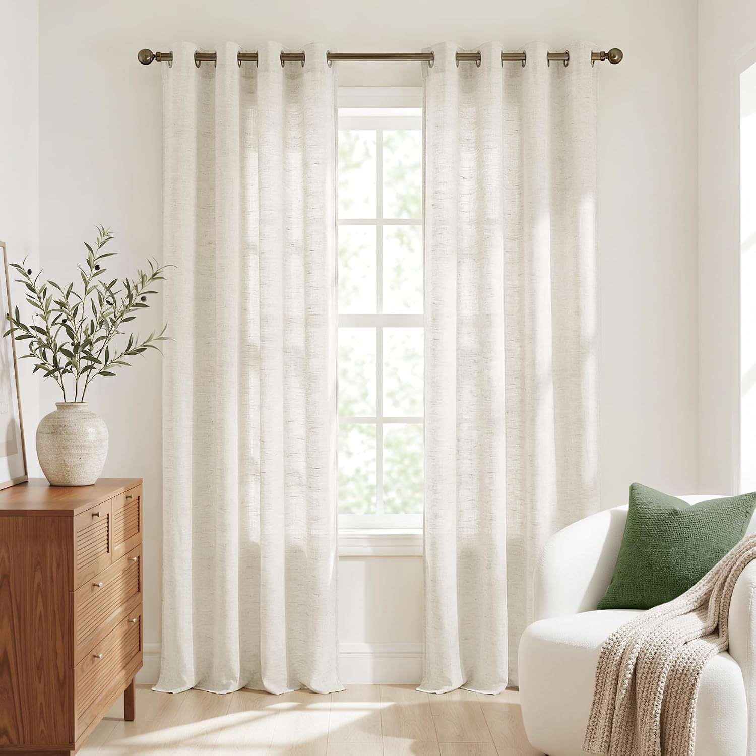 NICETOWN Linen Curtains White Semi Sheer 72 inch Long for Windows, Privacy with Light Filtering Grommet Top Window Treatments for Bedroom/Living Room