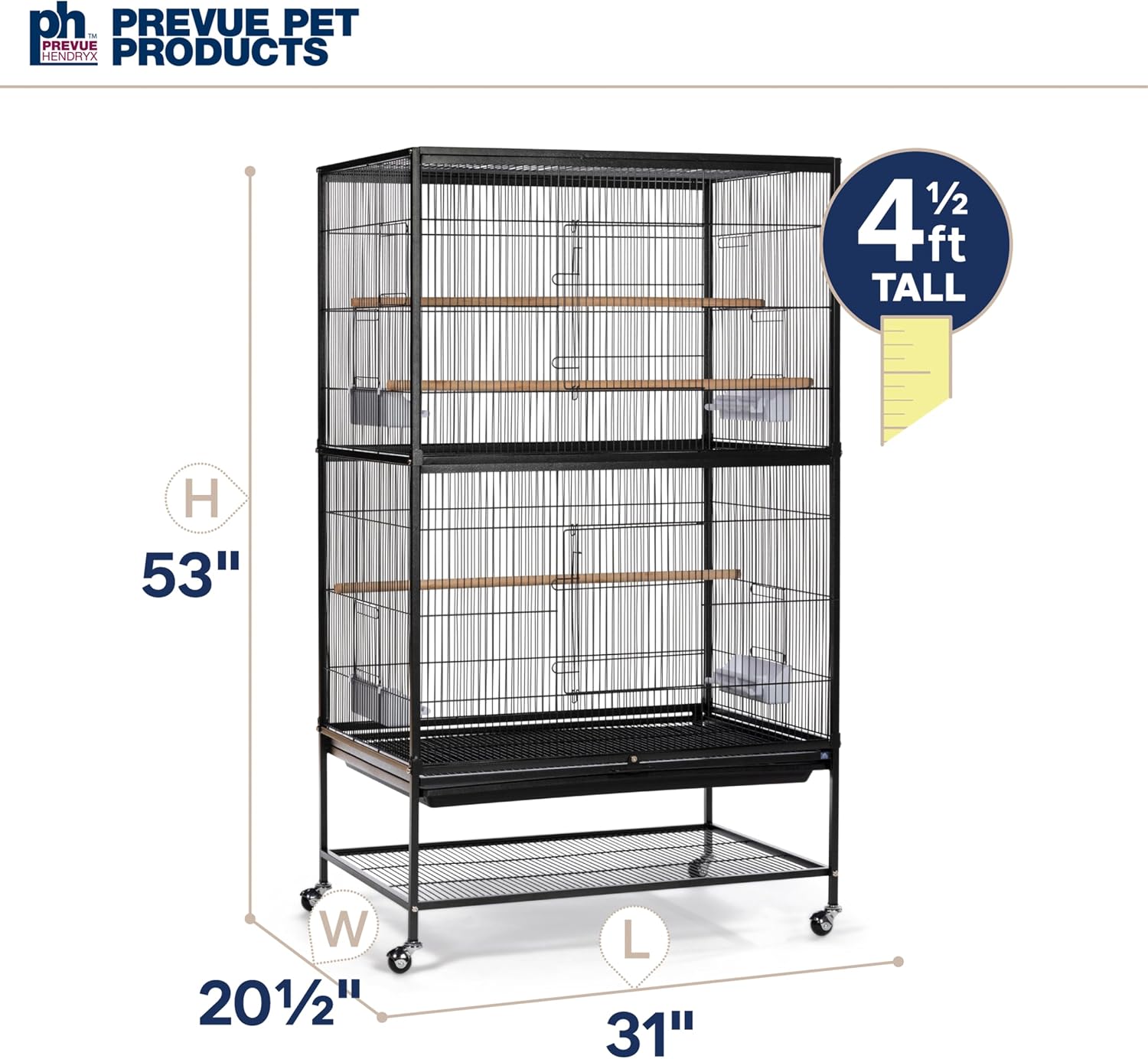 Prevue Pet Products Steel Bird Flight Cage with Wheels - Black, Large | Large Birdcage for Parakeets, Canaries, Finches, Cockatiels, Lovebirds, & Green Cheeks, Metal Standing Birdcage