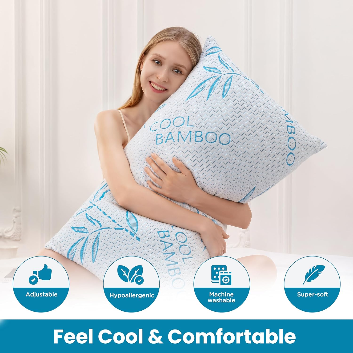 ComfySleep Queen Size 2 Pack Rayon Made from Bamboo Pillows for Sleeping, Cooling Shredded Memory Foam Adjustable Bed Pillow with