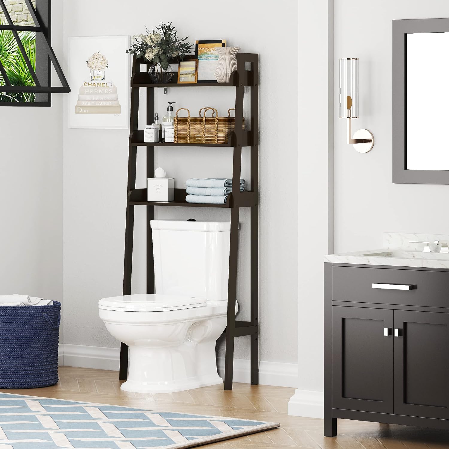 UTEX Over The Toilet Storage Shelf, 3-Tier Bathroom Organizer, White | FSC-Certified MDF, Open Ladder Design, Adjustable Lower Crossbar, Anti-tip Hardware, 33-Inch Clearance, Raised Side Guards