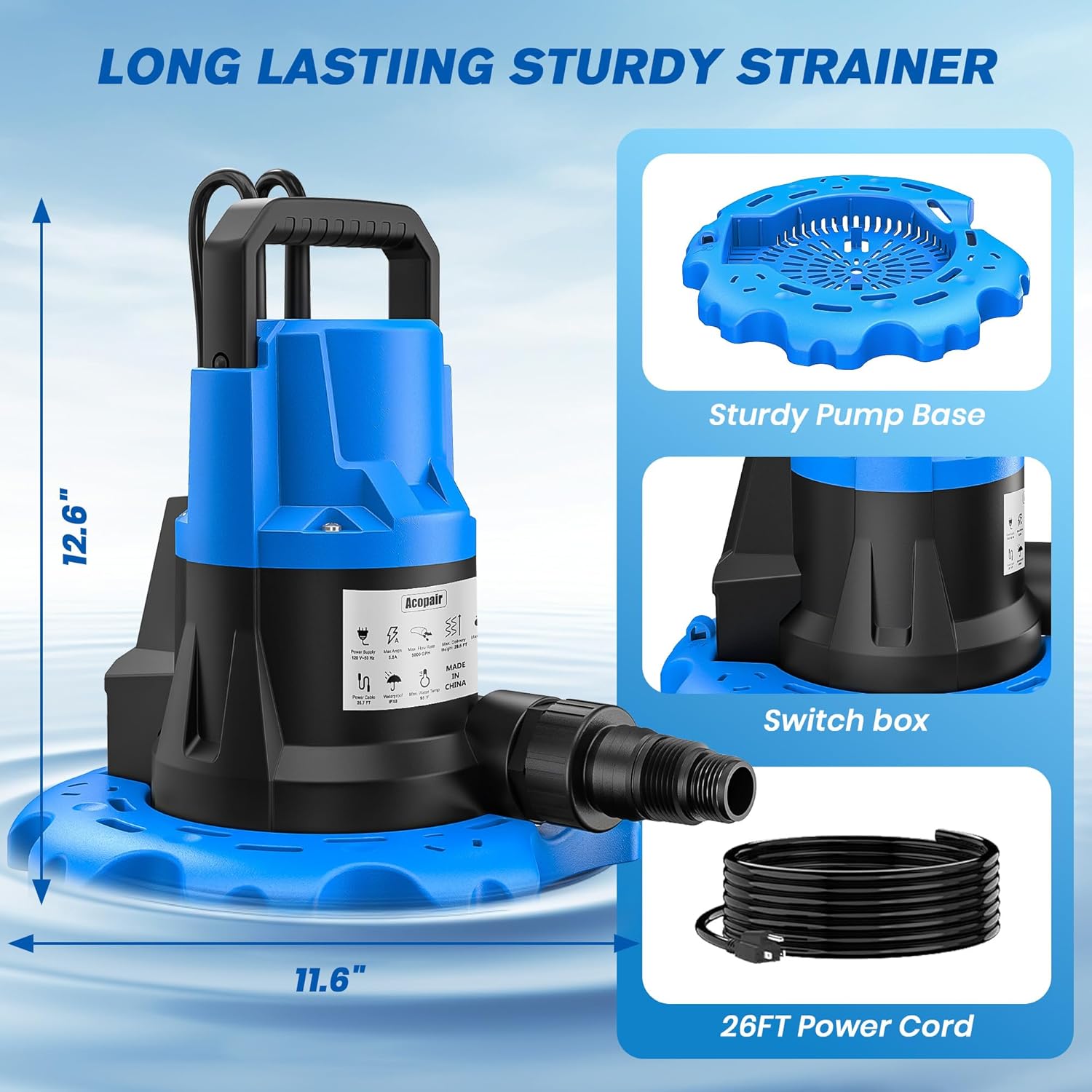 1 HP Automatic Swimming Pool Cover Pump, 5000 GPH Submersible Pumps with 3/4” Check Valve Adapter & 25ft Power Cord, Water Removal for Pool