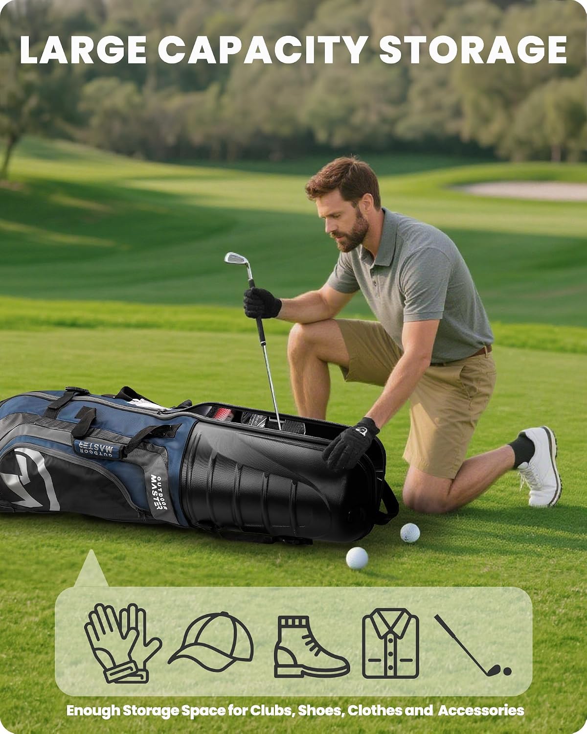 OutdoorMaster Golf Travel Bags for Airlines with Wheels and Hard Case Top | Protect Golf Clubs, 1680D Nylon Waterproof Fabric, Compact Folding, Accessories Compartment, Easy to Maneuver