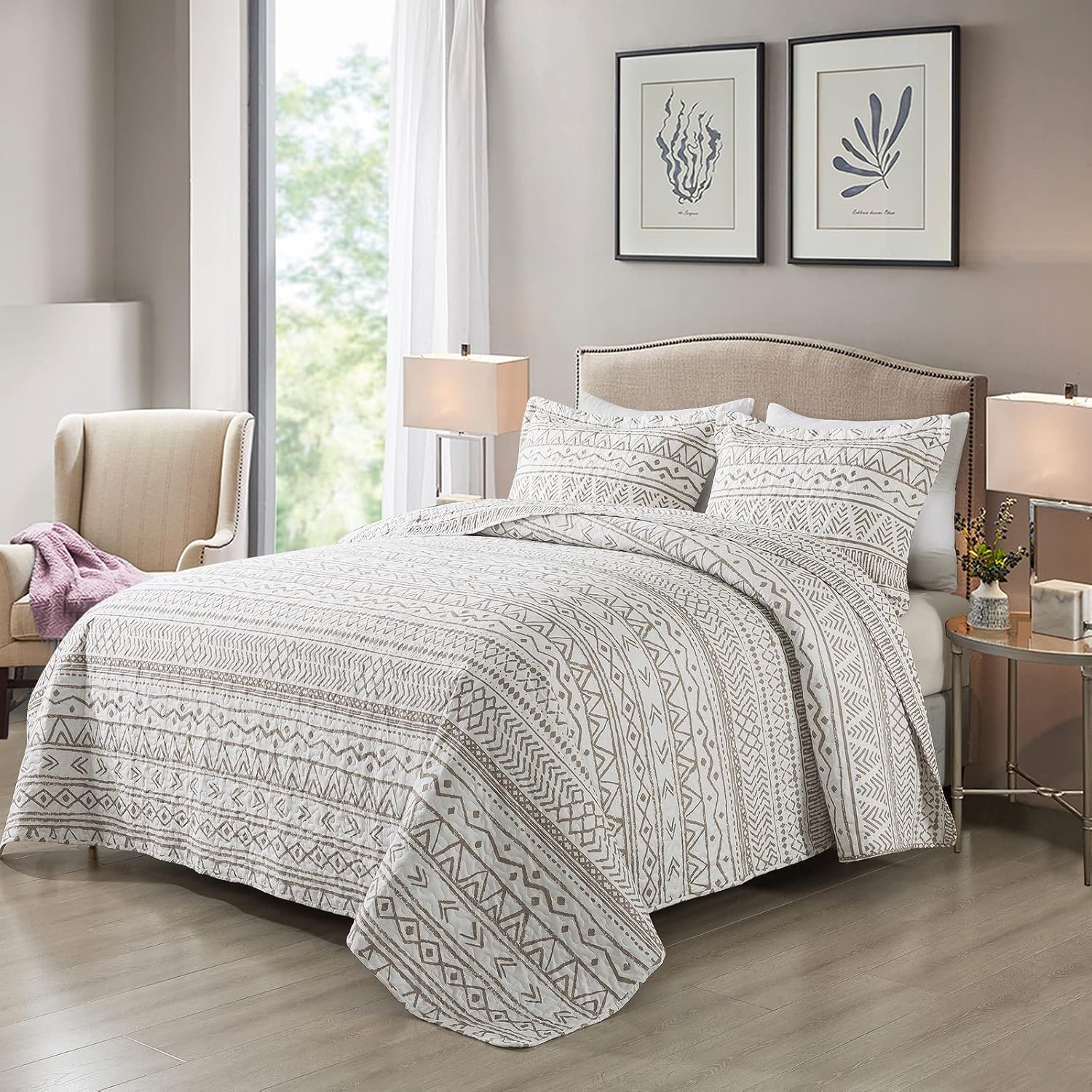 Striped Jacquard Style Cotton 3-Piece Patchwork Bedspread Quilt Sets, Queen Size
