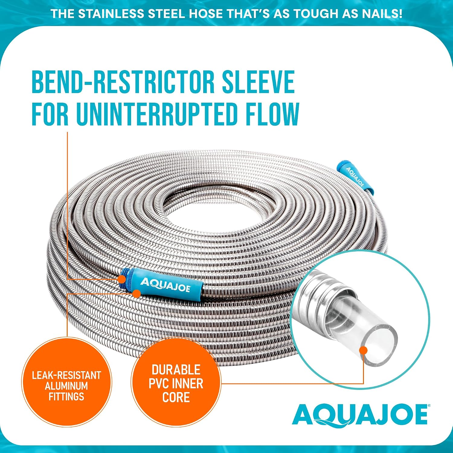 Aqua Joe 50-Foot Heavy Duty Garden Hose, Spiral 304 Stainless Steel Metal Hose, Puncture Proof, 1/2 Inch Diameter with Aluminum Fittings, AJSGH50