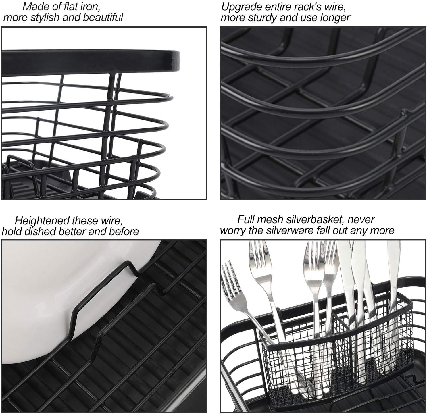 TQVAI Kitchen Dish Drainer Rack with Drying Board and Full-Mesh Silverware Utensils Holder, Black