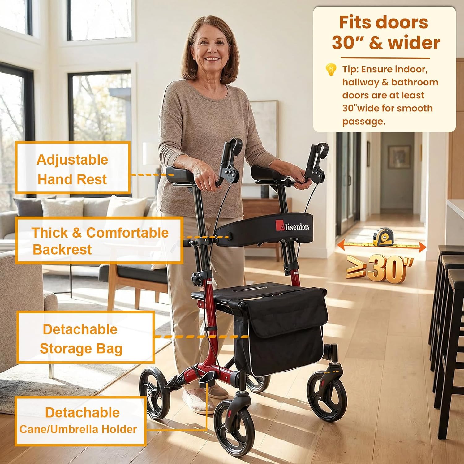 Aliseniors Upright Walker for Seniors - Big Stand Up Walker with Wide Seat, Foldable 4 Wheel All-Terrain Rolling Walker, Adjustable Armrests, 300lbs, Improves Posture & Reduces Back Strain | 20.6" Wide Seat, Foldable Rollator, 8" All-Terrain Wheels, Adju…