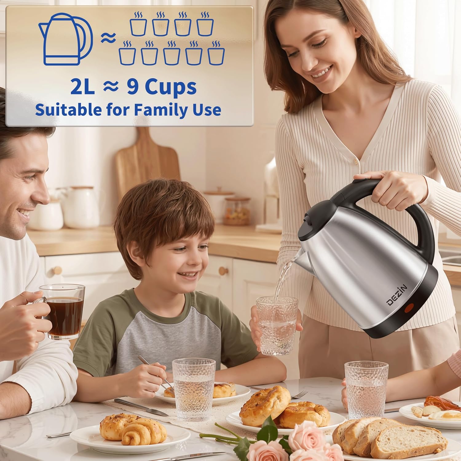 DEZIN 2L Electric Kettle, Fast Boil Electric Tea Kettle, 1000W Water Boiler