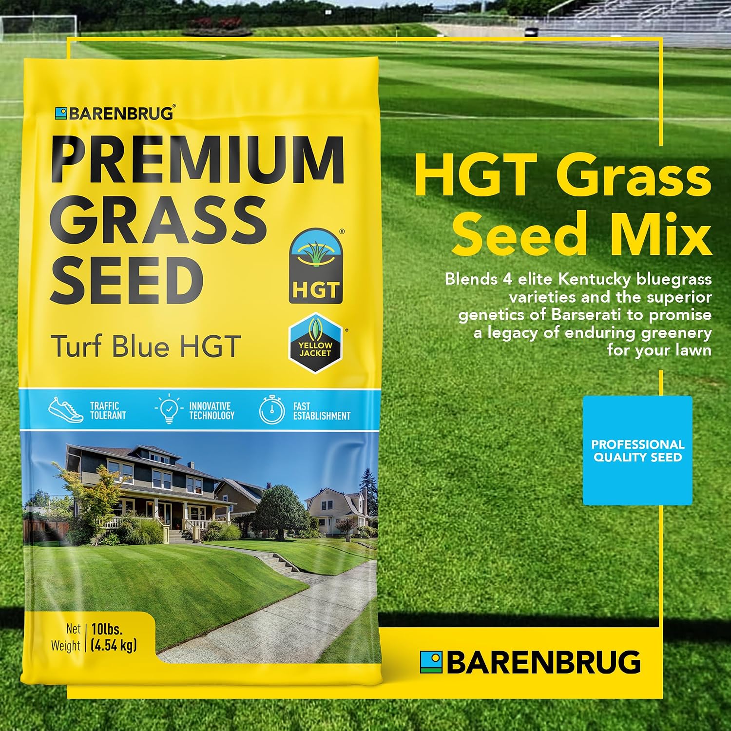 Barenbrug Turf Blue Healthy Grass Technology Grass Seed with Yellow Jacket Coating - Heavy Traffic Seed for Use on Sports Fields, Golf Courses, Parks
