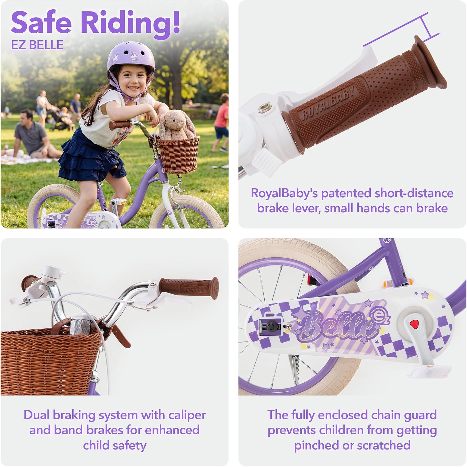 RoyalBaby Girls Bike Belle EZ Kids Bike, Balance and Pedal Bicycle, 14 16 18 Inch Wheel for Age 3-8 Years Toddlers to Big Kids, Pink & Purple