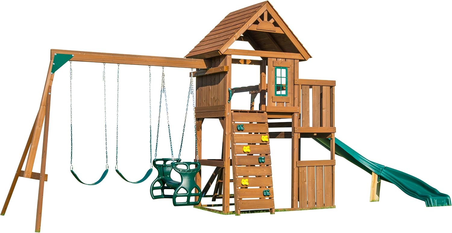 Swing-N-Slide PB 8272 Cedar Brook Wooden Swing Set Play Set with Two Swings, Slide, Monkey Bars, Picnic Table & Glider, Green