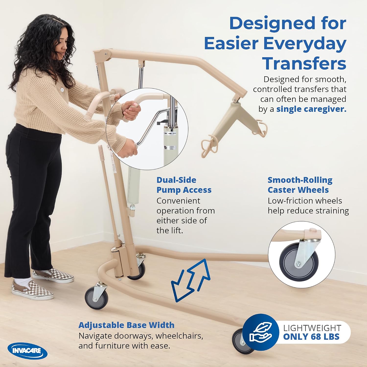 Invacare Hydraulic Patient Lift, Lightweight Transfer Lift Chair with 450 lb Weight Capacity, Bent Mast for Safer Transfers, 6-Point Padded Swivel Bar