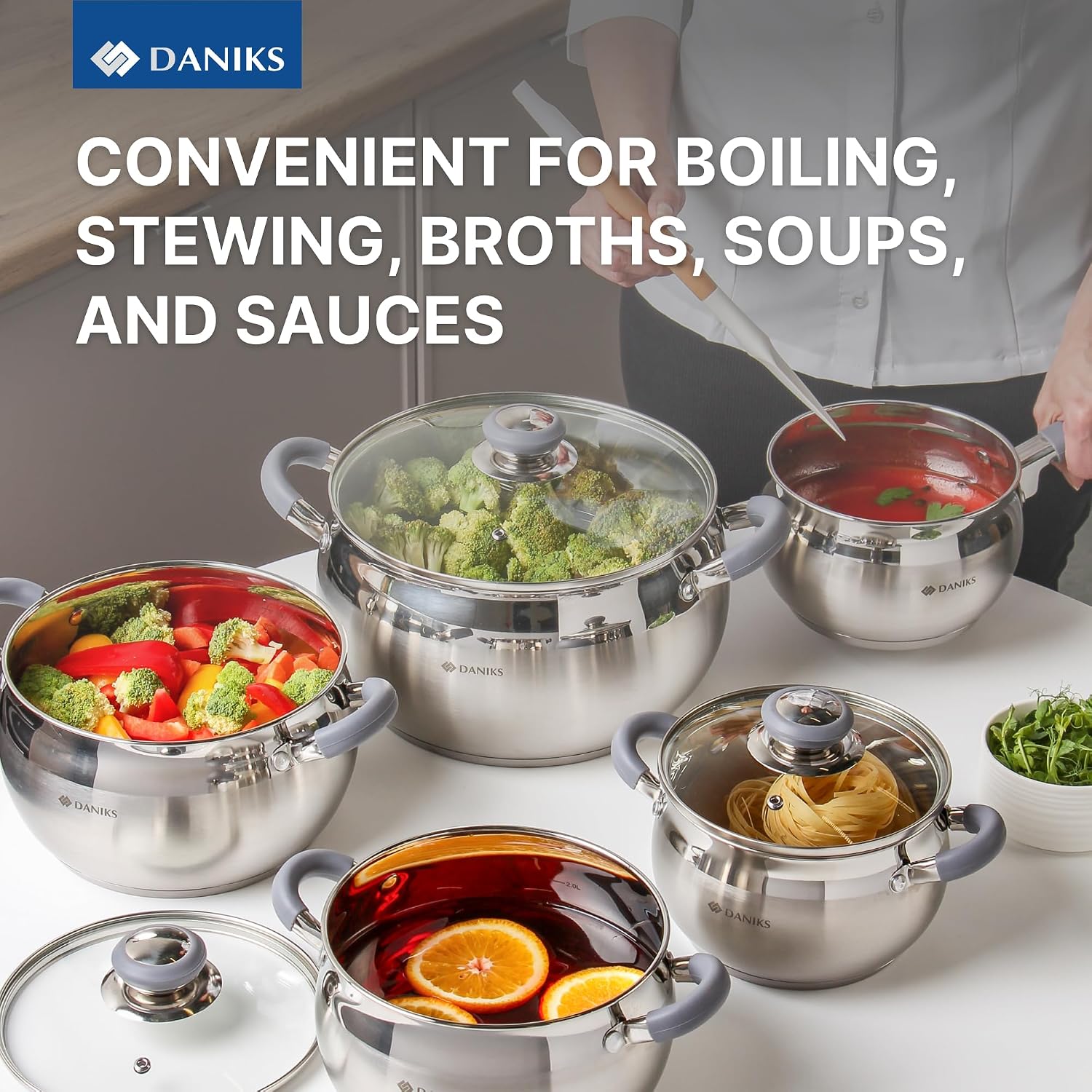 Daniks Modern 4 Quart Stainless Steel Stock Pot with Glass Lid, Tri-Ply Bottom for Even Heating, Induction Compatible, Dishwasher Safe