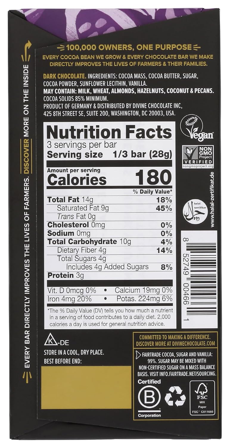 Divine Chocolate, Bar Dark Chocolate Exquisitely Rich 85%, 3 Ounce
